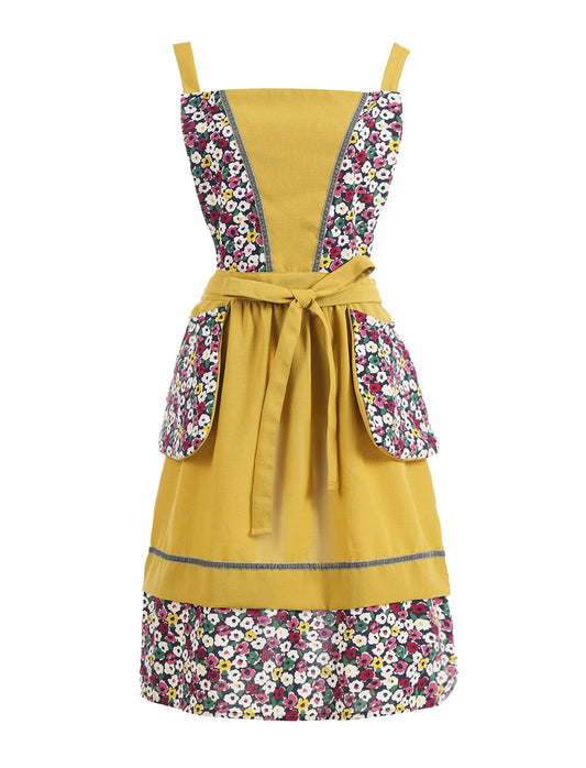 Pinknoke Kitchen Aprons for Women with Pockets Cute Floral Chef Pinafore Apron for Gardening Cooking Baking Painting (Mustard)