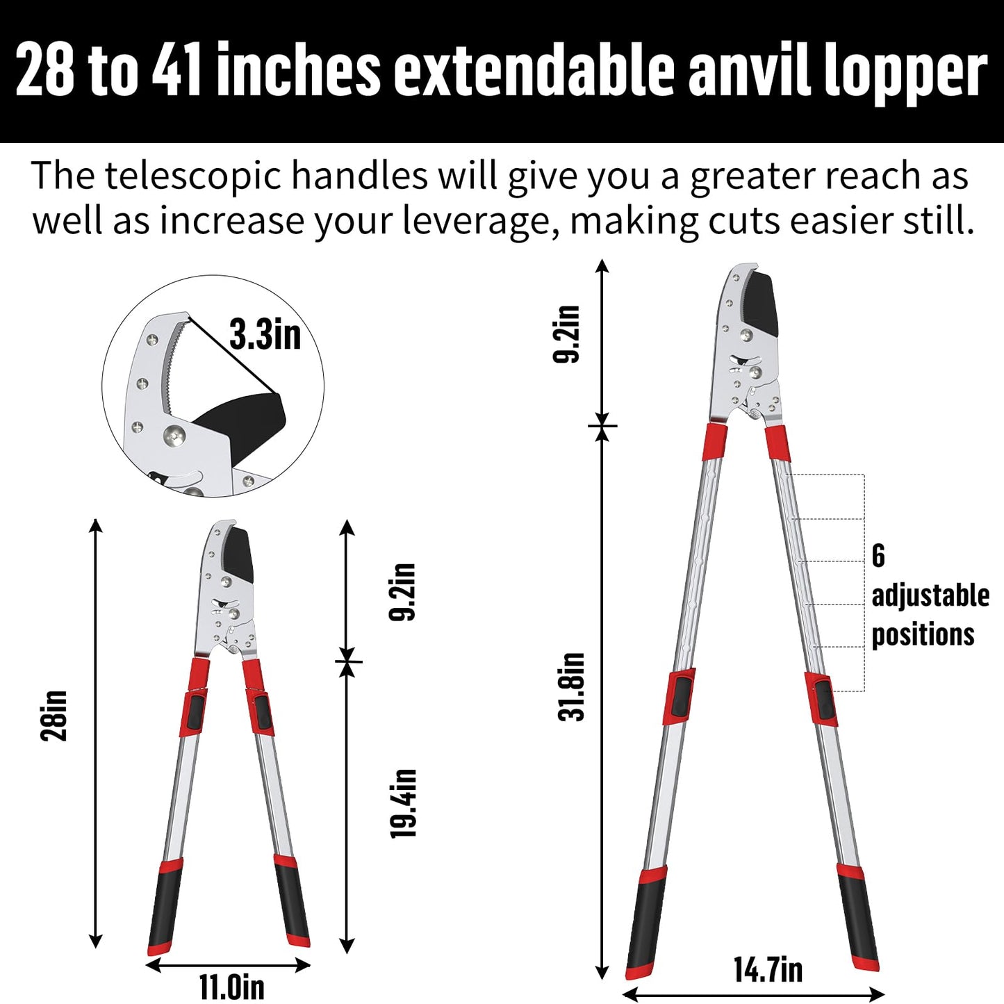 GARTOL Heavy-Duty Extendable Loppers, 28"-41" Telescopic Tree Trimmer, Double Ratcheting Branch Cutter, Anvil Lopper for Thick Branches, Cuts 2" Dry Wood