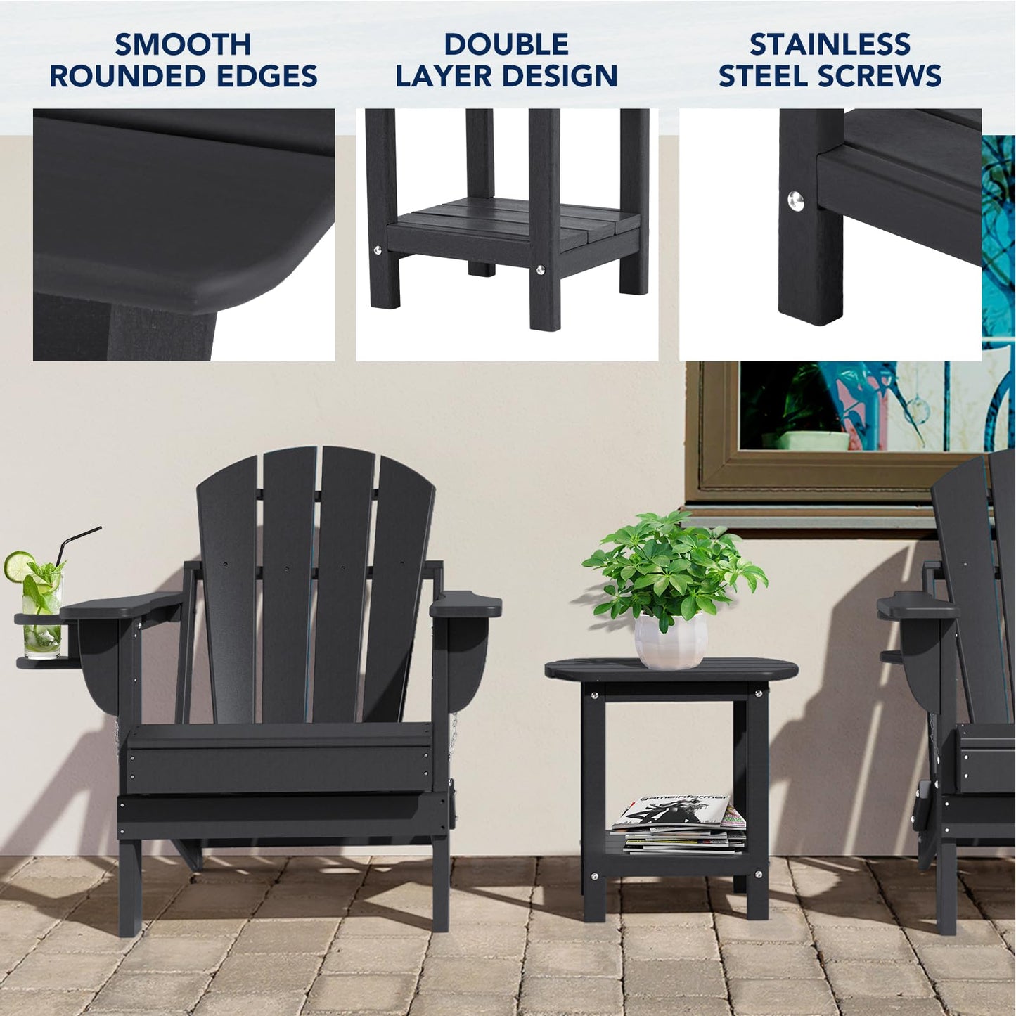 nalone Adirondack Side Table 16.5" Outdoor Side Table HDPE Plastic Double Adirondack End Table Small Table for Patio (Black)