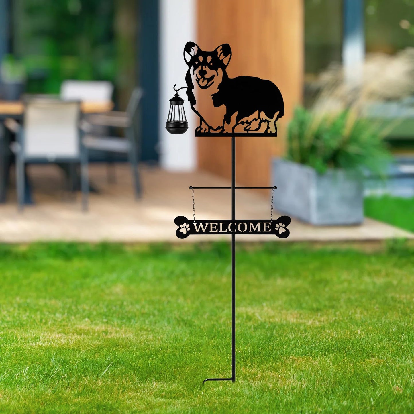ANGELLOONG 51" Solar Corgi Silhouette Dog Welcome Sign with Lantern, Outdoor Decorative Corgi Gifts for Garden Yard Lawn Patio Pathway
