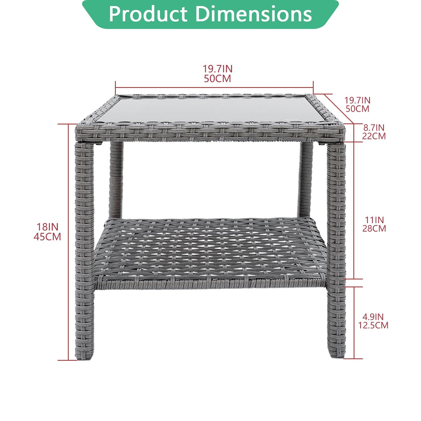 Helios&Hestia Square All Weather Rattan Wicker Outdoor Coffee Side End Table with Glass Top for Patio, Deck, Backyard, Garden, Grey