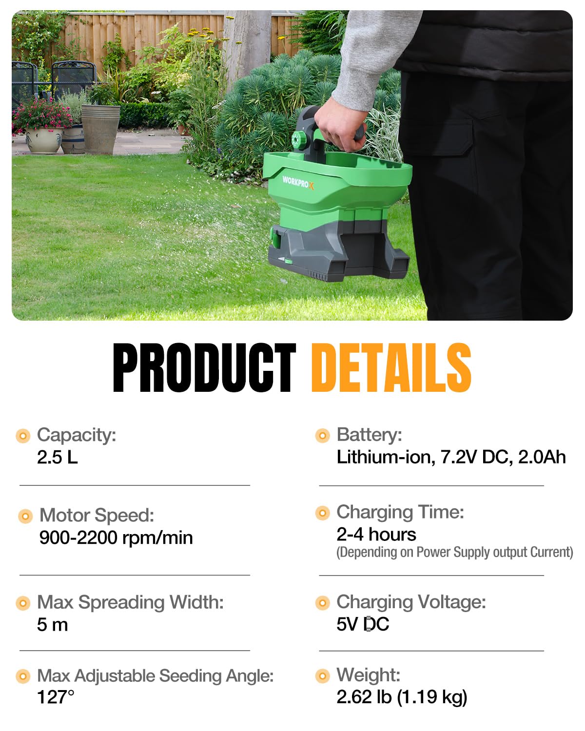 WORKPROX Battery Powered Fertilizer Spreader, 7.2V Seed Spreader for Salt, De-Icer, Earth Food, Rechargeable Grass Seed Spreader with 8-Level Settings and Holds up to 6458 sq.ft. of Product