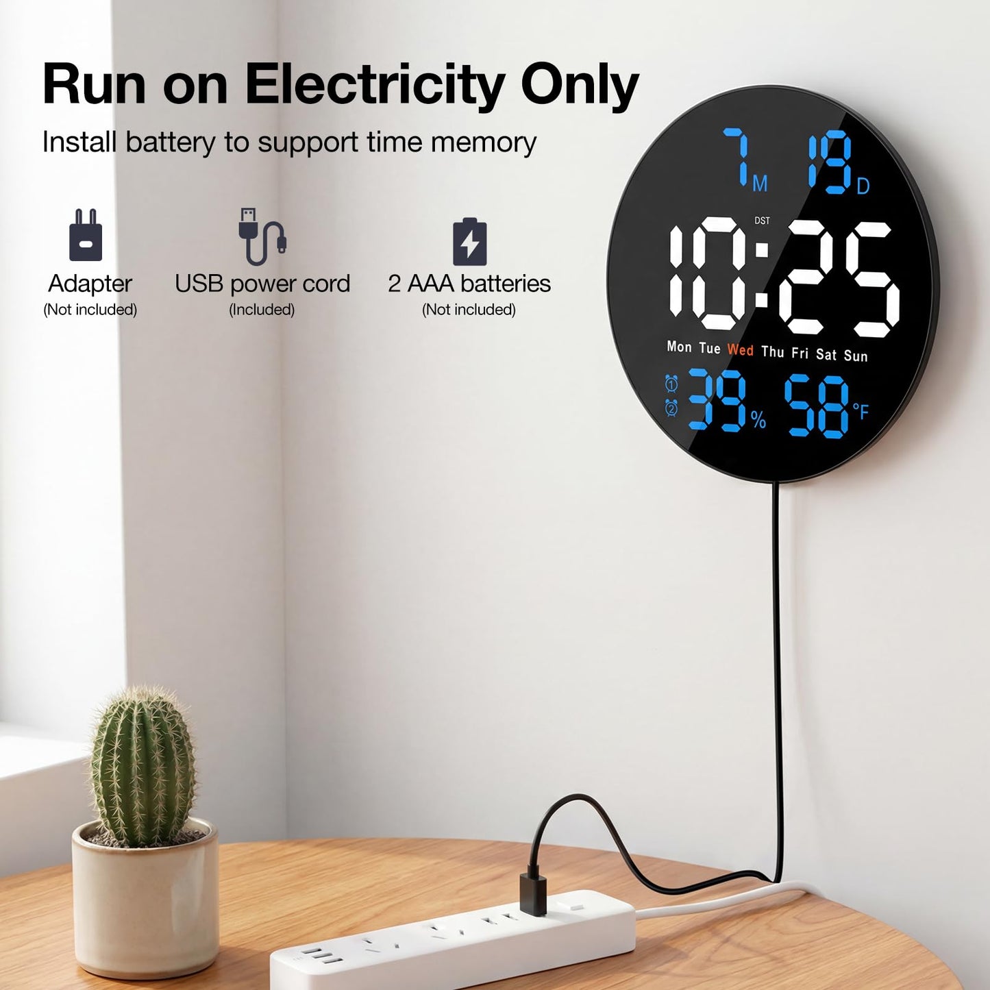 Brauthon Large Digital Wall Clock for Classroom, 10 Inch Large Display LED Electric Round Clocks for Teachers, Kids Office with Date, Temperature, Timer, Remote Control (Blue)