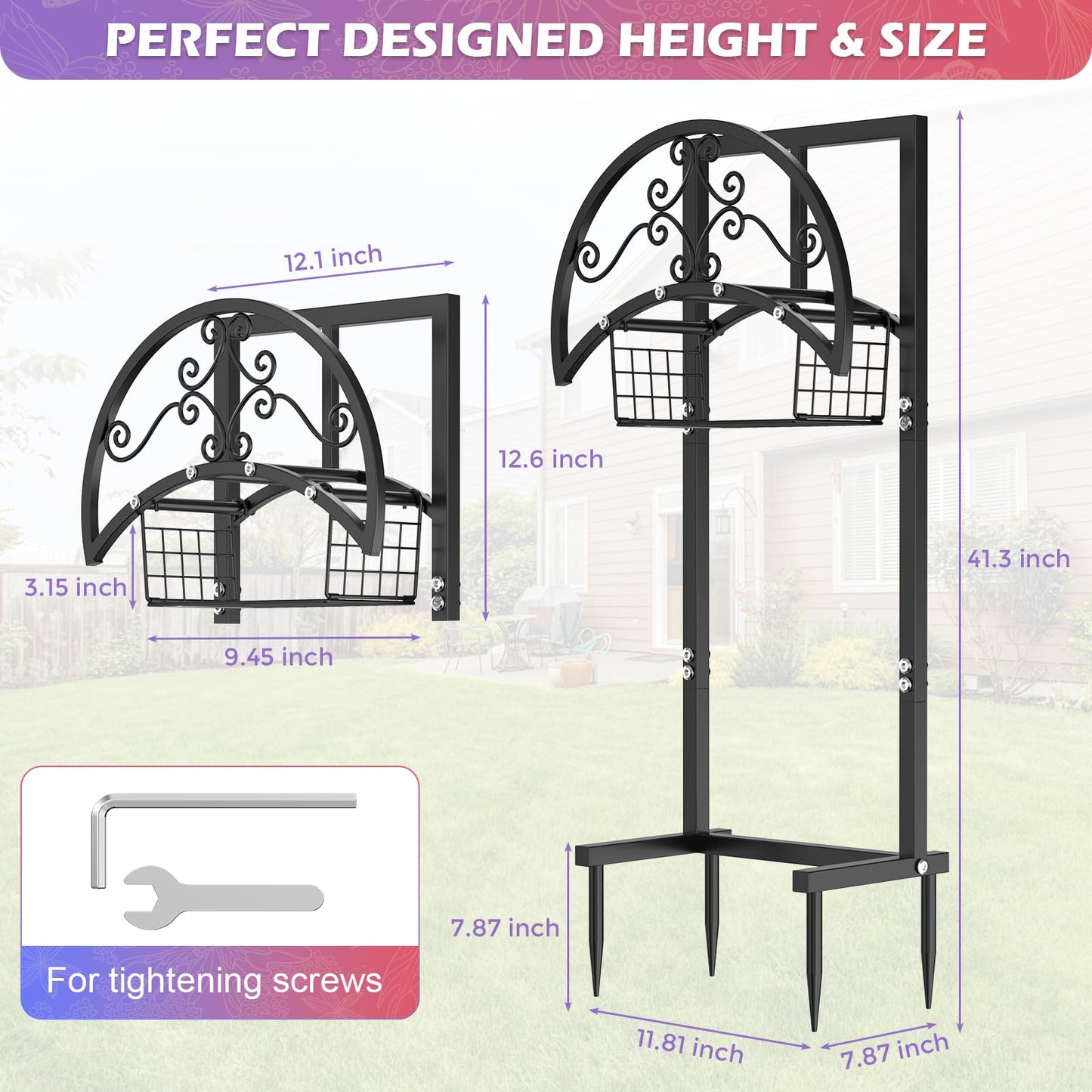 OLV Hose Holder with Storage Basket, Outdoor Decorative Water Garden Hose Holder Freestanding Stake Reels Holds 150-ft Pipe, Heavy Duty Metal Hose Storage Stand Hanger Rack for Outside Yard Lawn Farm