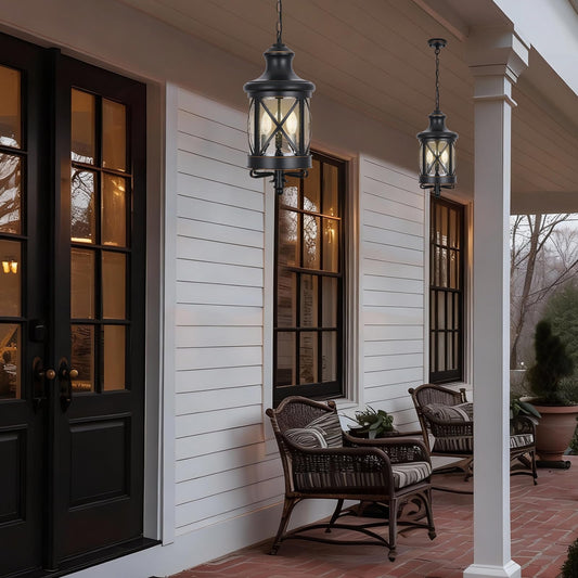 odorpower Outdoor Chandelier for Porch, 3-Light Farmhouse Vintage Outdoor Pendant Light Lantern, Black Hanging Porch Ceiling Light Fixture with 3 E12 Sockets for Patio, Entryway, Gazebo