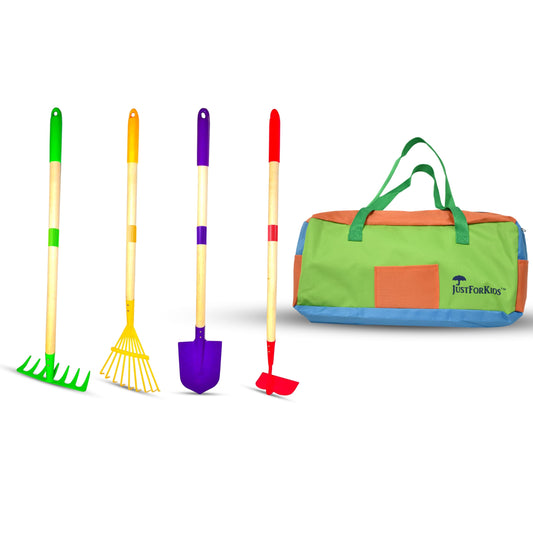 JustForKids Kids Garden Tool Set,detatchble, Portable 4-Piece Multicolored Set for Gardening, 2-Pack with Travel Bag, Ages 5+