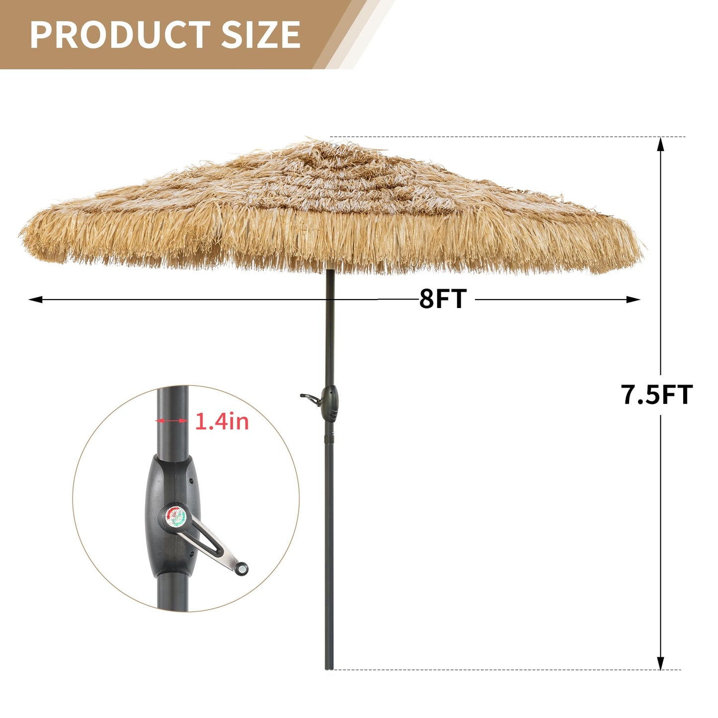 CBFULLRES 8FT Tiki Umbrella, Patio Umbrella Thatched Umbrella Outdoor Patio, Upgrade with UPF 50+, Tiki Beach Umbrellas with Zinc Alloy Push Button Tilt and for Pool Backyard