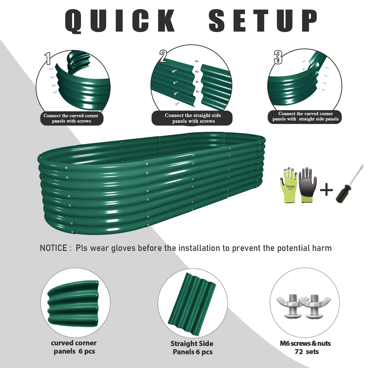 Tramull 8x3x2ft Galvanized Raised Garden Bed, 24" Tall Deep Root Metal Planter Boxes, Bottomless Above Ground Raised Garden Beds Outdoor Kit for Plants Vegetables, Flowers, Herbs, Fruits, Green