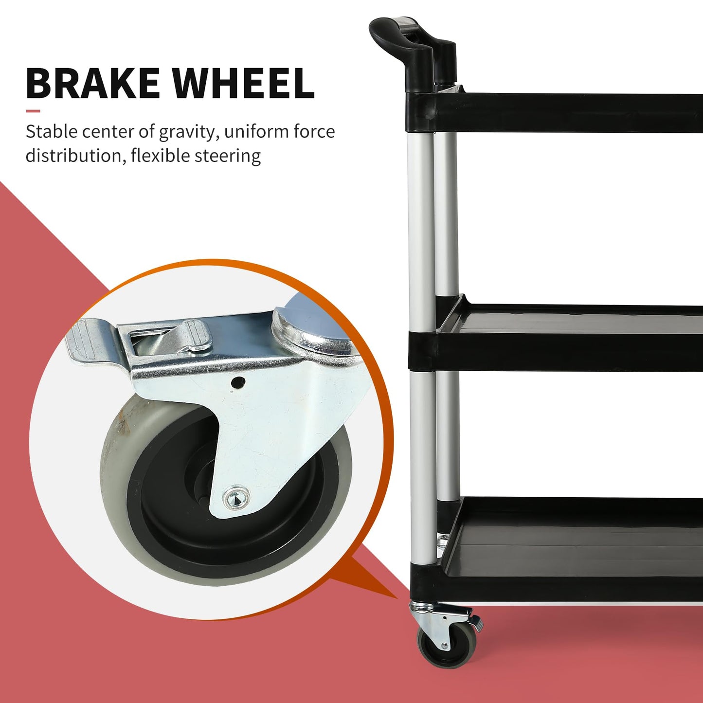 3-Tier Utility Rolling Cart with Wheels, Durable Catering carts with Wheels, Rolling Storage Cart for Hotel Canteen Resturant Office (Black, 31.4" D x 16.5" W x 37.7" H)