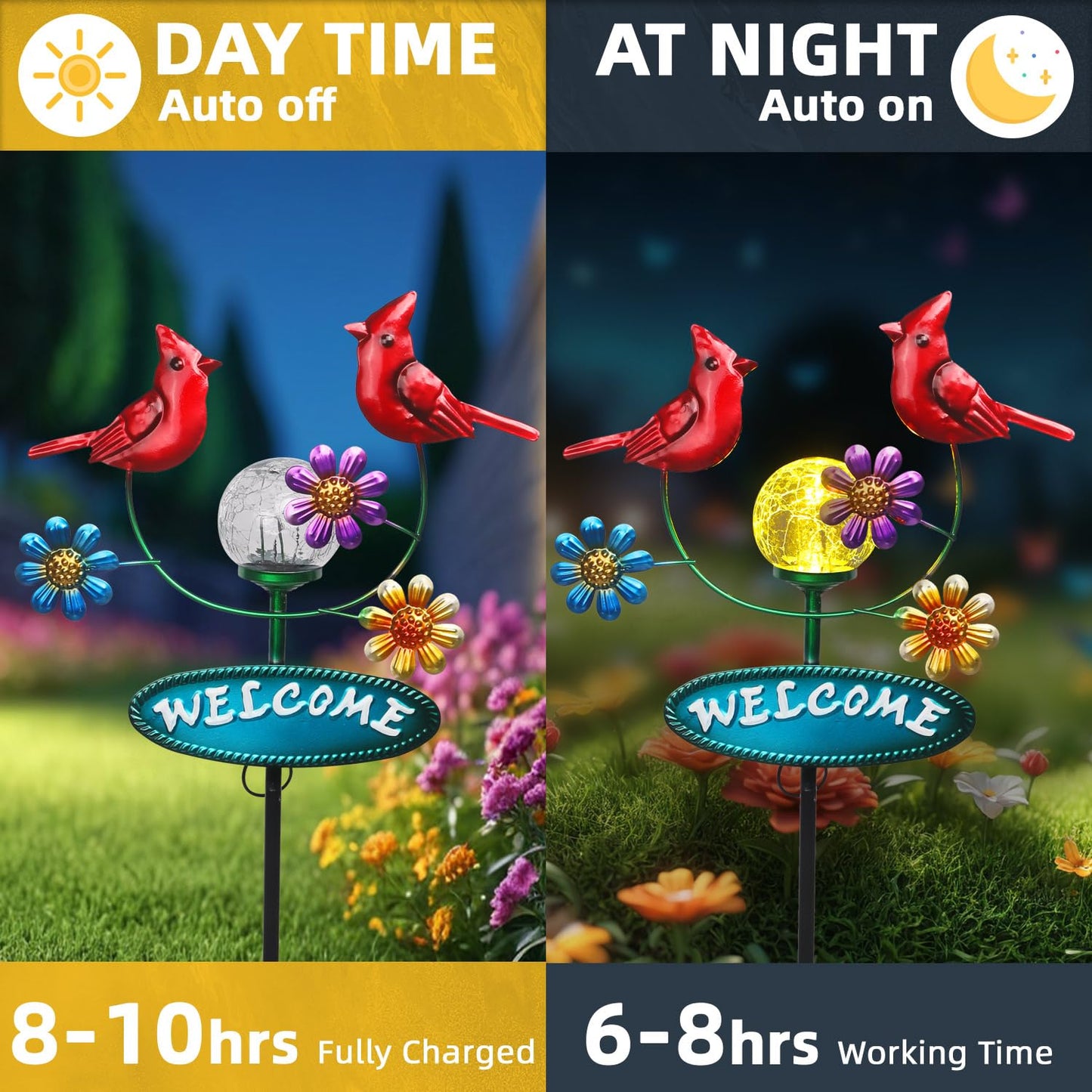Newinhome Solar Garden Stakes Metal Welcome Signs for Outside 29.5', 2 Flying Cardinals with Cracked Glass Ball,Decorative Garden Stakes for Lawn, Patio, Cardinal Gifts for Women