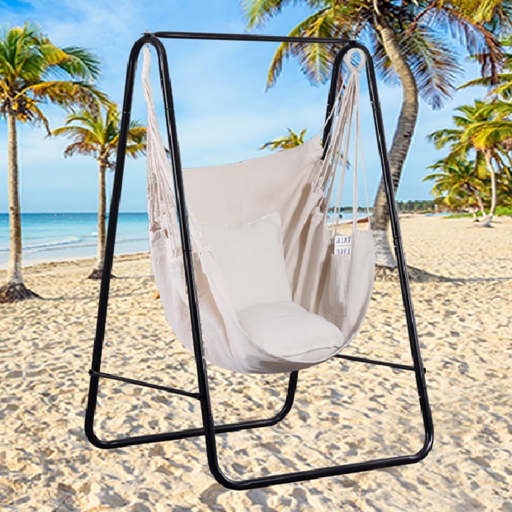 Goutime Hammock Chair, Boho Hanging Rope Ceiling Swing, Macrame Hanging Swinging Chair for Indoor,Outdoor,Bedroom,Outside,Garden,Balcony,Yard,Deck,Max 330 Lbs,Beige