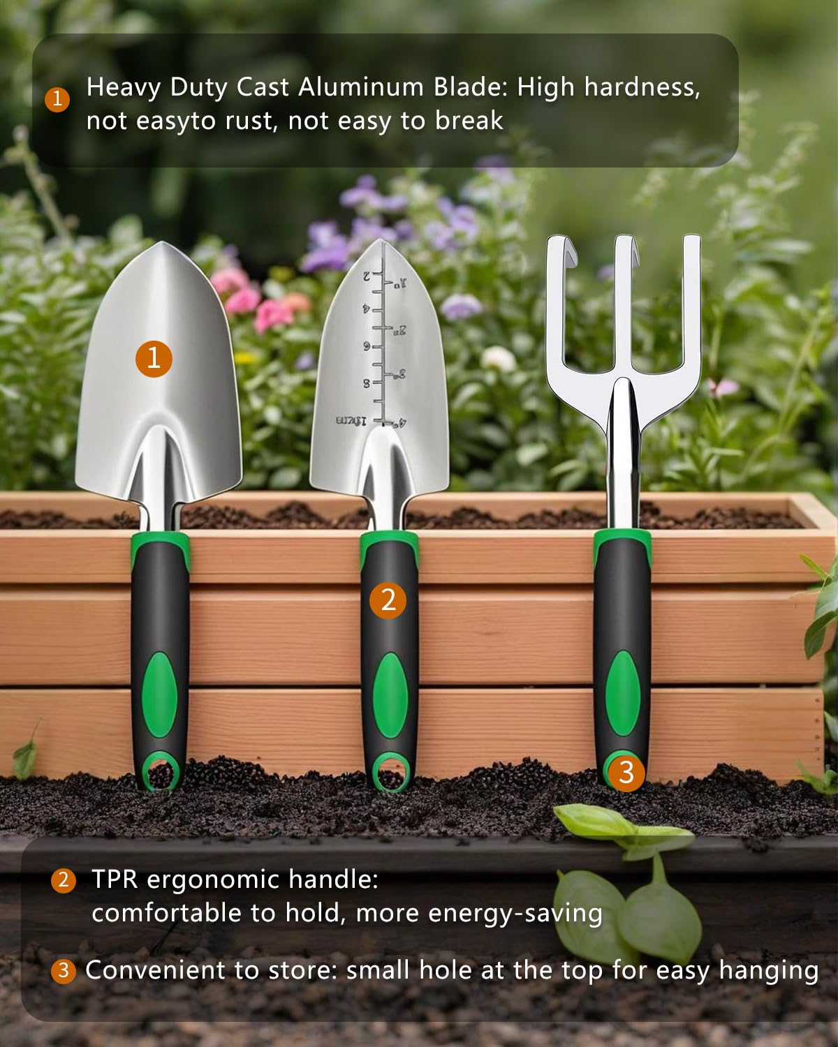 Garden Tools, Heavy Duty Cast-Aluminum Garden Tool Set with Hand Trowel, Transplant Trowel, Cultivator Rake, Soft Rubber Ergonomic Non-Slip Handle, Gardening for Home Gardeners (Basic Set (3 PCS))
