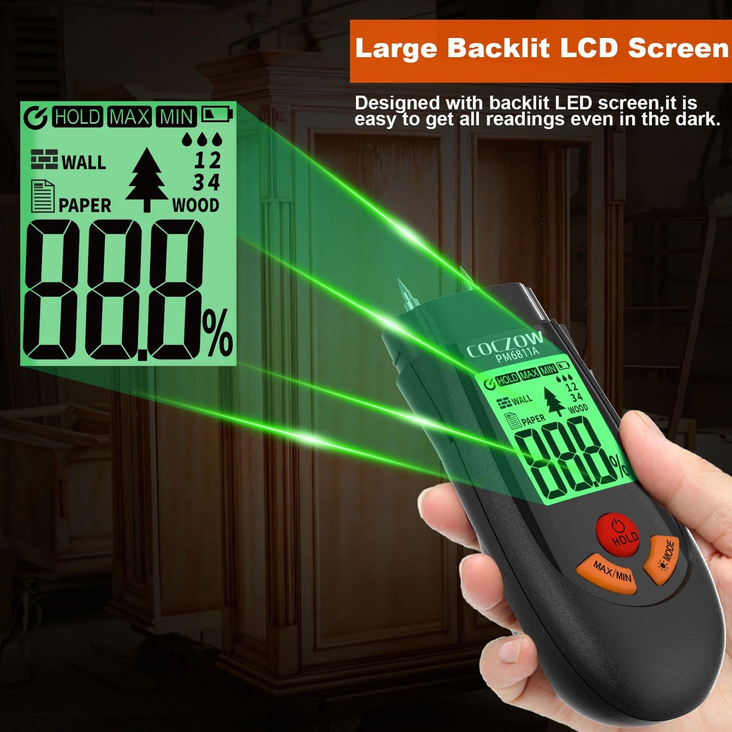 Wood Moisture Meter, with battery and LCD display, suitable for quick determination of moisture content of many types of logs, paper, plywood, plaster walls, floor coverings, etc.