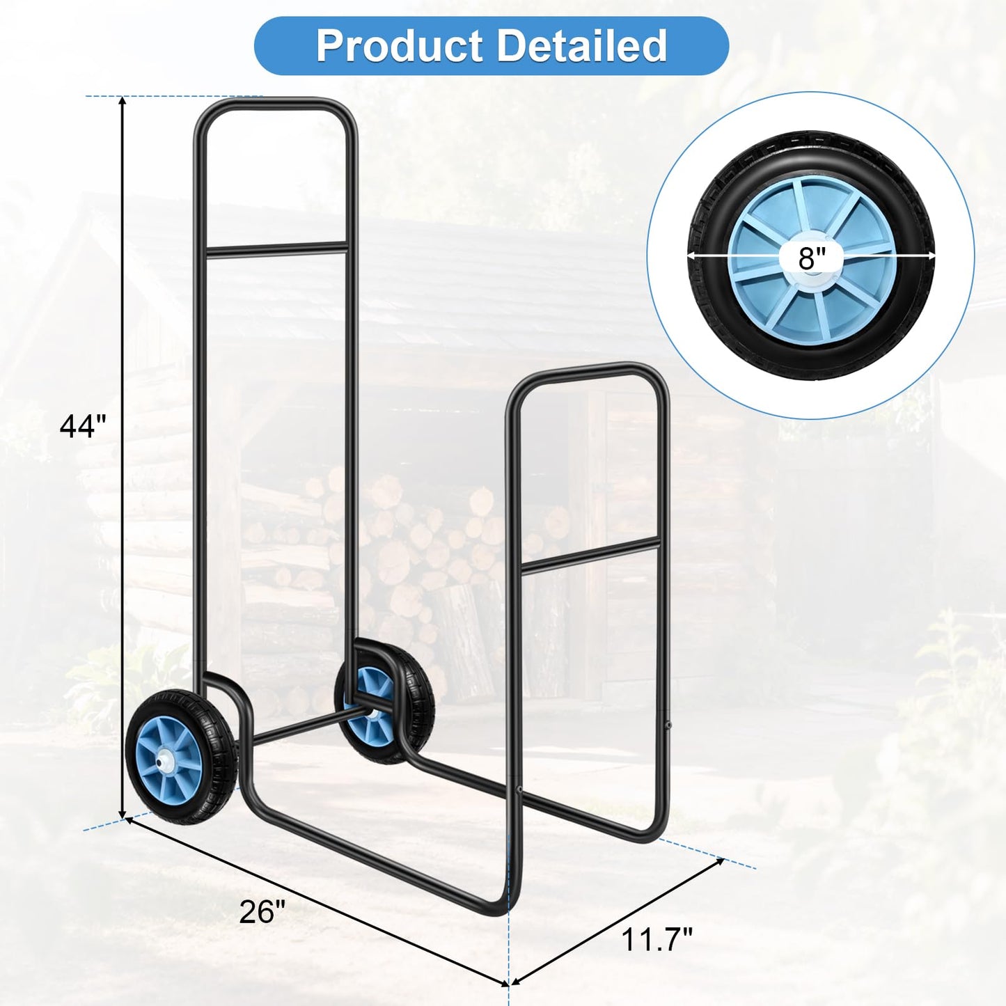 Meyoppm Firewood Log Cart Carrier with Pneumatic Rubber Wheels, 250 lbs Load Capacity Firewood Rack Cart, Firewood Log Cart Suitable for Indoor and Outdoor Mobile Wood(Black)