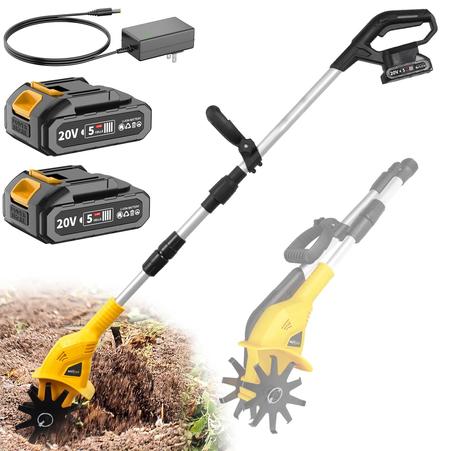 Muylux 20V Cordless Tiller Cultivator for Gardening, 360RPM Electric Garden Tiller with 2 x 2.0Ah Batteries & Charger, Garden Rototiller for Lawn Gardening Soil Cultivation