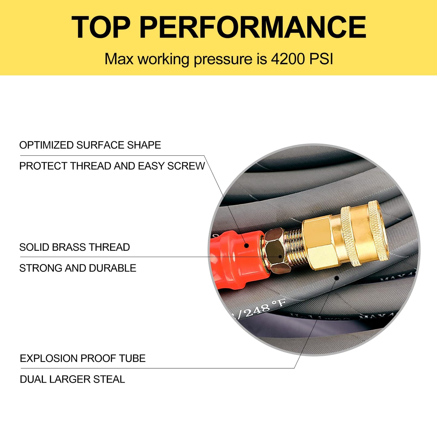 Heliwoo Pressure Washer Whip Hose 5FT, 3/8'' Reel Connector for Power Washer, 248°F Hot Water Jumper with 3/8'' Quick Connect Adapter Set, Steel-Braided-4800 PSI