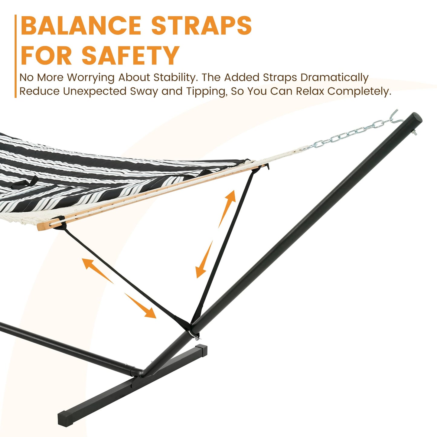 Lazy Daze Hammocks 2 Person Portable Hammock with 12FT Stand, Double Hand Woven Cotton Rope Hammock with Detachable Quilted Pad & Pillow for Outside, 450lb Capacity, Black White Stripes