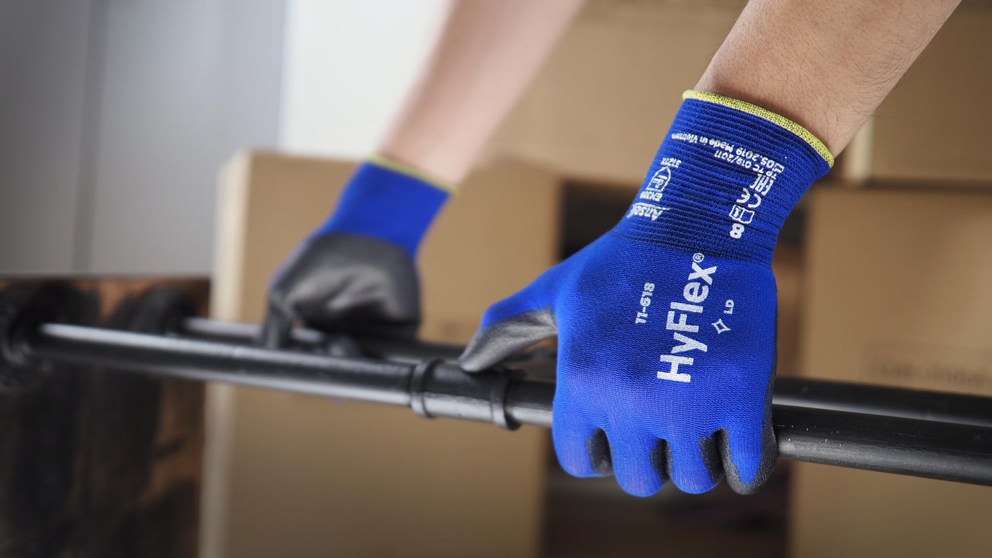 Ansell HyFlex 11-618 Ultra-Thin Industrial Safety Work Gloves for Auto, Machinery, Equipment, Fabrication - Size 10, Blue/Black (12 Pairs)
