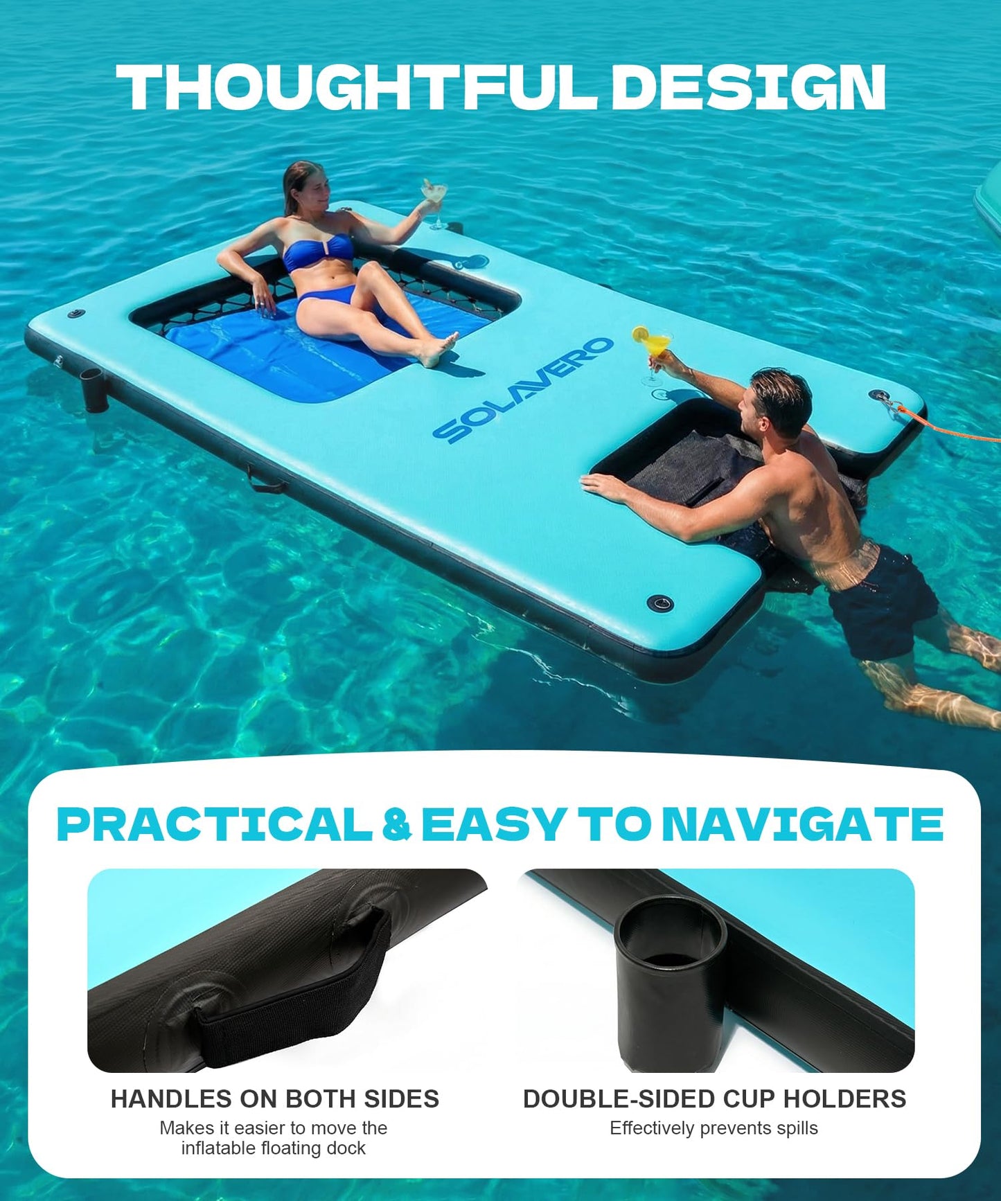 SOLAVERO 10x6ft Inflatable Floating Dock with Water Ramp, Heavy Duty Floating Platform for Adults & Dogs, Non-Slip Lake Float with Mesh Hammock, Cup Holders for Pool, Lake, Boat, Party