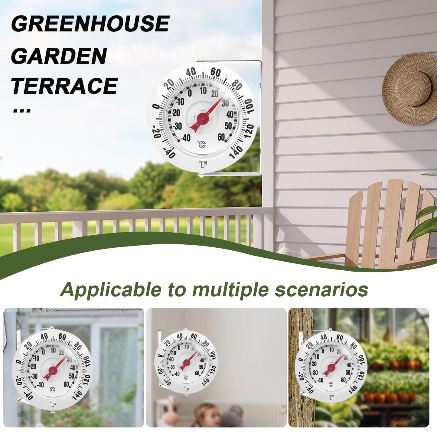 SPOROLWE Outdoor Thermometer for Patio with 360° Swivel Bracket, 5.5" Decorative Wall Mounted Garden Thermometer No Battery Needed, Large Bold Numbers Dial for Tree, Greenhouse, Barn, -40 to 140℉