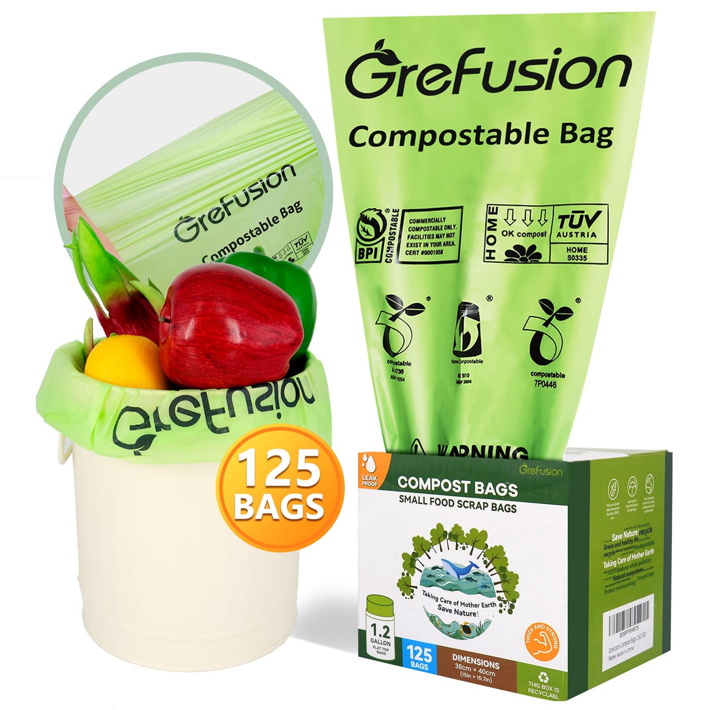 (Include 100+25 Bonus Bags) GreFusion Compostable Bags 1.2-1.6 Gallon,Fits 0.75,1,1.2,1.3,1.8 Gallon Countertop Bin,Certified by BPI,ASTM D6400 and OK Compost,125Count (100 + 25 Extra)