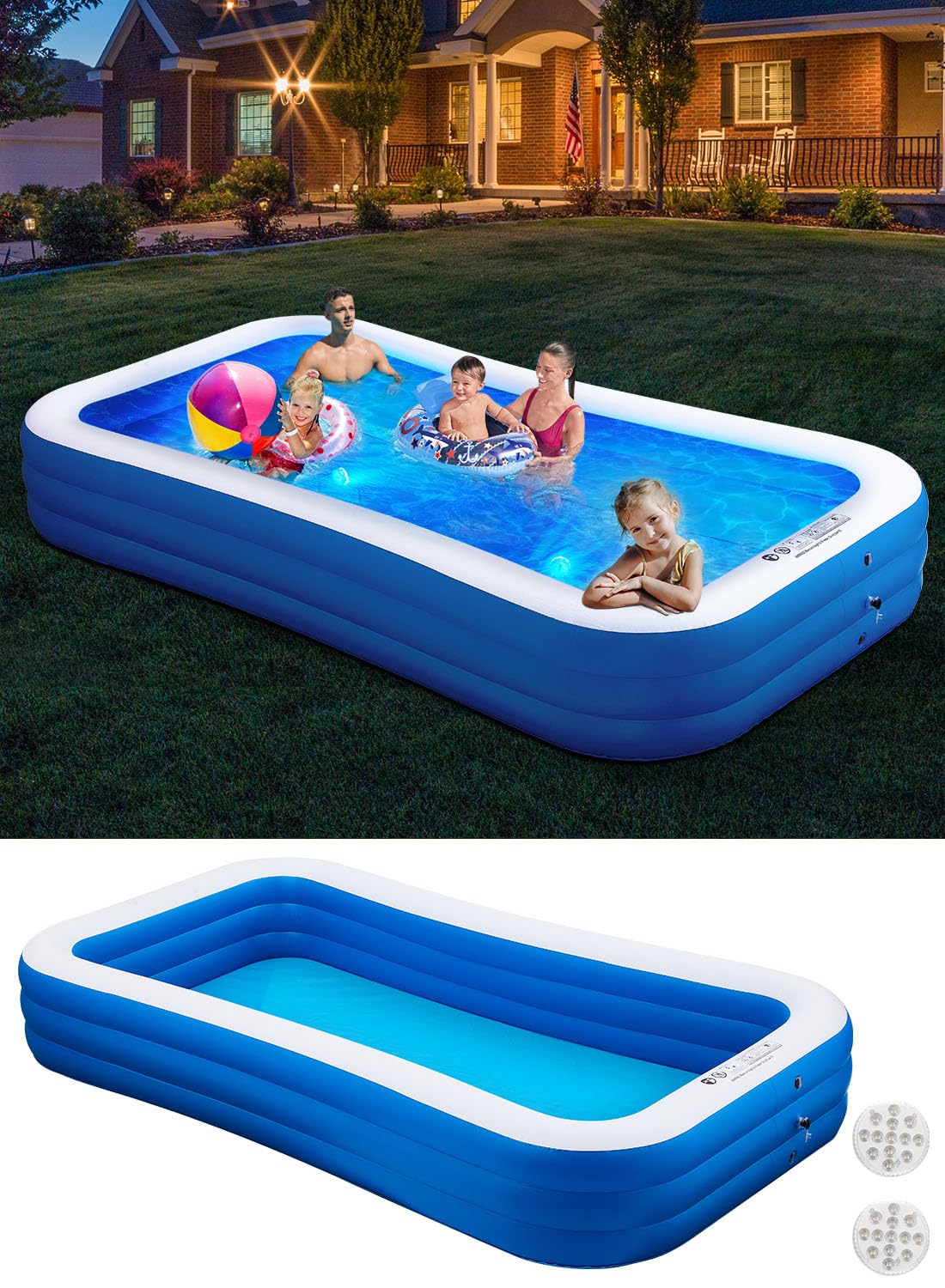 Inflatable Swimming Pool with Pool Lights, 130" x 72" x 22" Full-Sized Large Inflatable Family Pool, Summer Water Party, Outdoor, Garden Backyard, Suitable for Adults