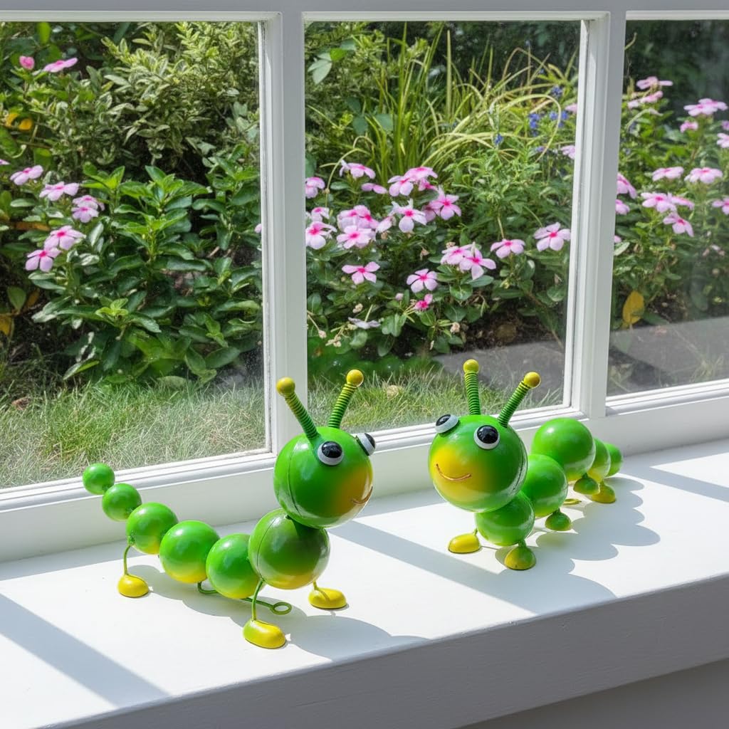 Cruis Cuka Metal Caterpillar Statue Yard Art Garden Decor for Outside Patio Lawn Ornaments Fence Decorations Gift for Family,Friends,Garden Lovers - Set of 2(Green)