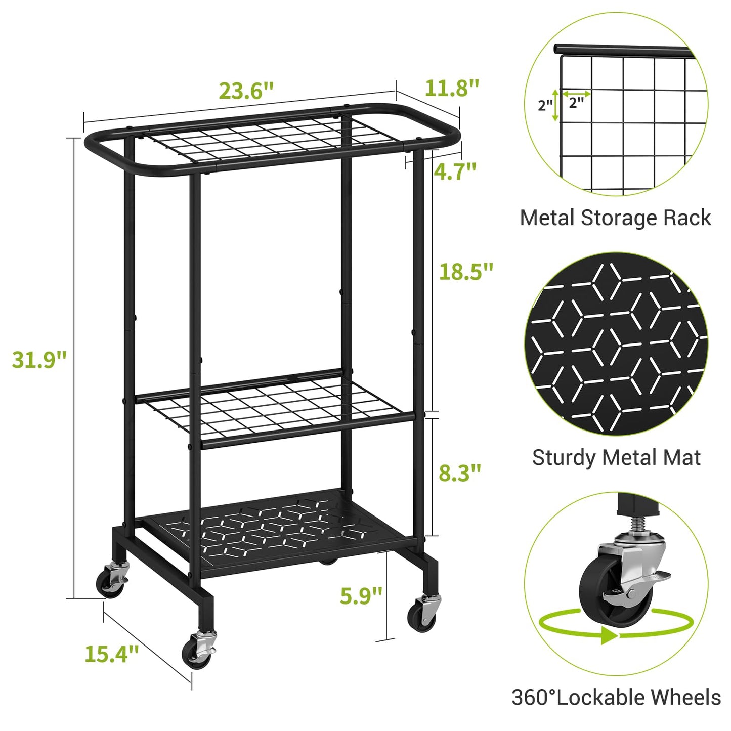3-Tier Garden Tool Organizer with Wheels, Garage Floor Rolling Storage Cart on Wheels Heavy Duty Metal Rolling Storage Cart, Yard Tool Tower Rack for Garage, Patio, Shed, Indoor Outdoor