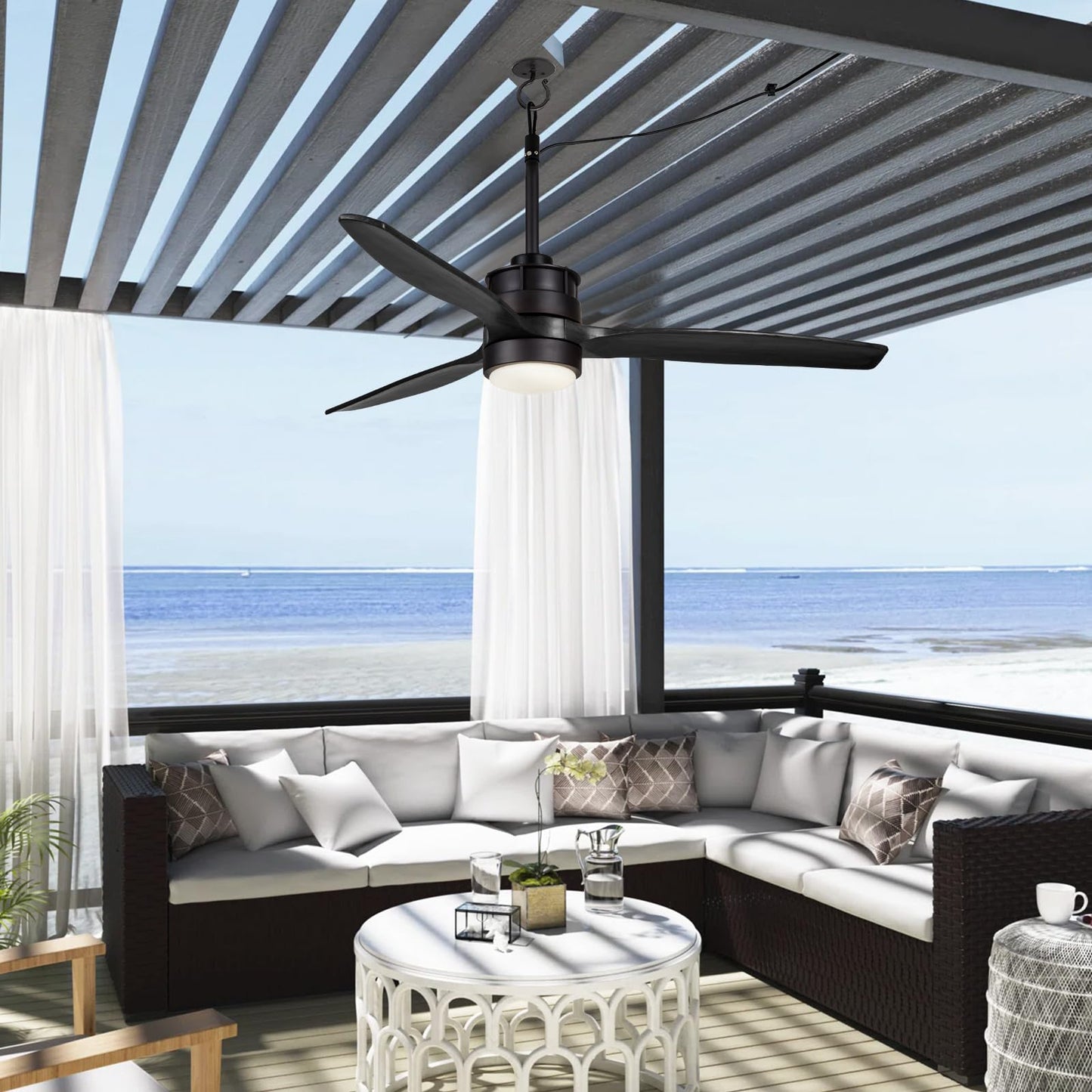 EKIZNSN 42“ Wet Rated Gazebo Ceiling Fans Outdoor Hanging for Patios Waterproof, Pergola Ceiling Fan with Light, Hook Installation, Black