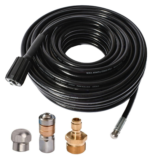 50FT 5800 PSI Pressure Washer Hose Jetter Nozzles Kit 1/8”NPT Sewer Drain Rotating Quick Connect Nozzle Button Nose With M22-14/15mm Double Rod Thread Brass Replacement