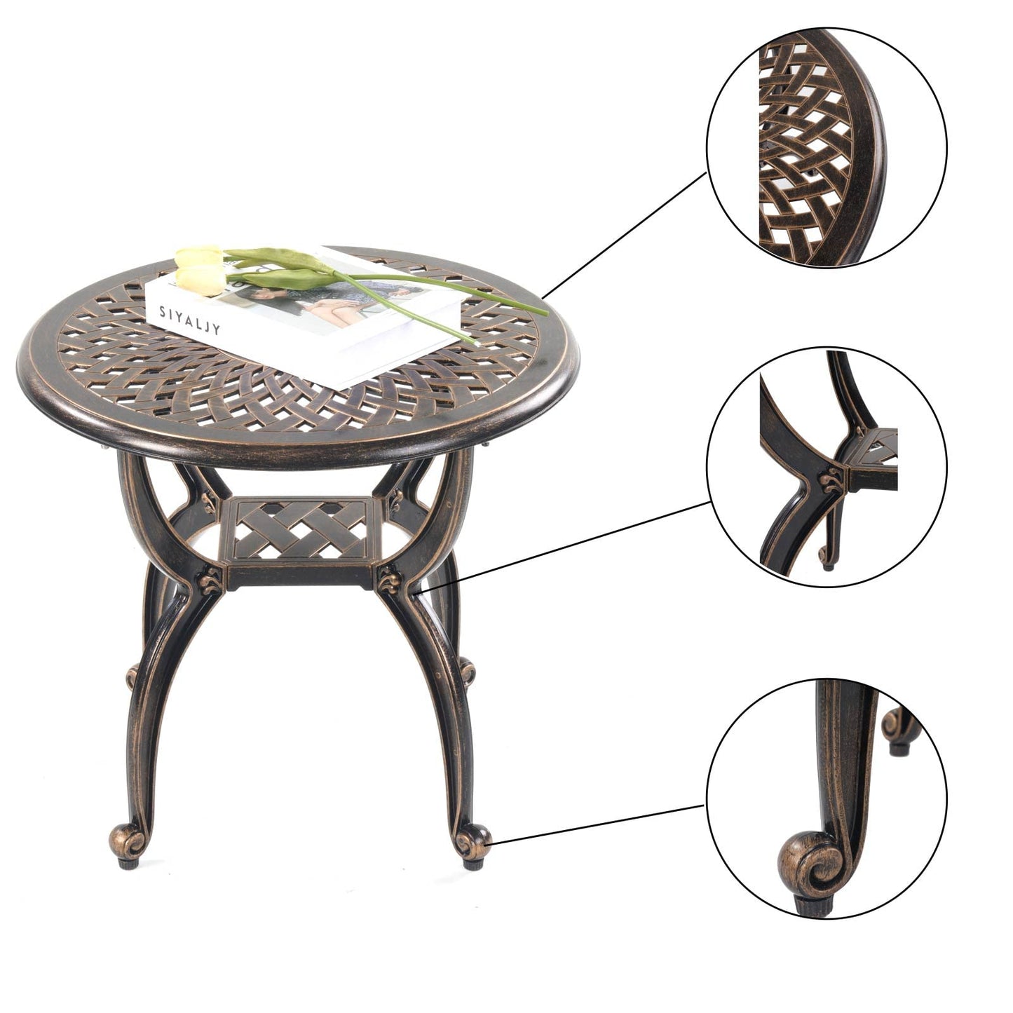 Mandolin Outdoor Patio,Rust -Resistant Cast Aluminum Side Table,Weather Resistant End Table，Coffee Table， Perfect for Patio, Backyard Or Garden. (Aluminum Round, Copper)