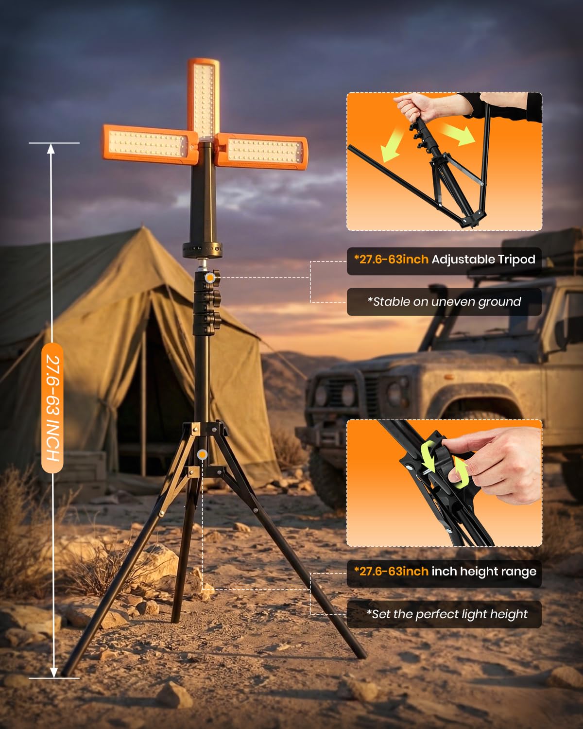 SakerNeo 15600mAh Rechargeable Camping Light with Stand, Work Light with 3 LED Lamp Heads,5 Brightness Levels,2200 Lumens Dimmable Camping Lantern with Magnetic Base