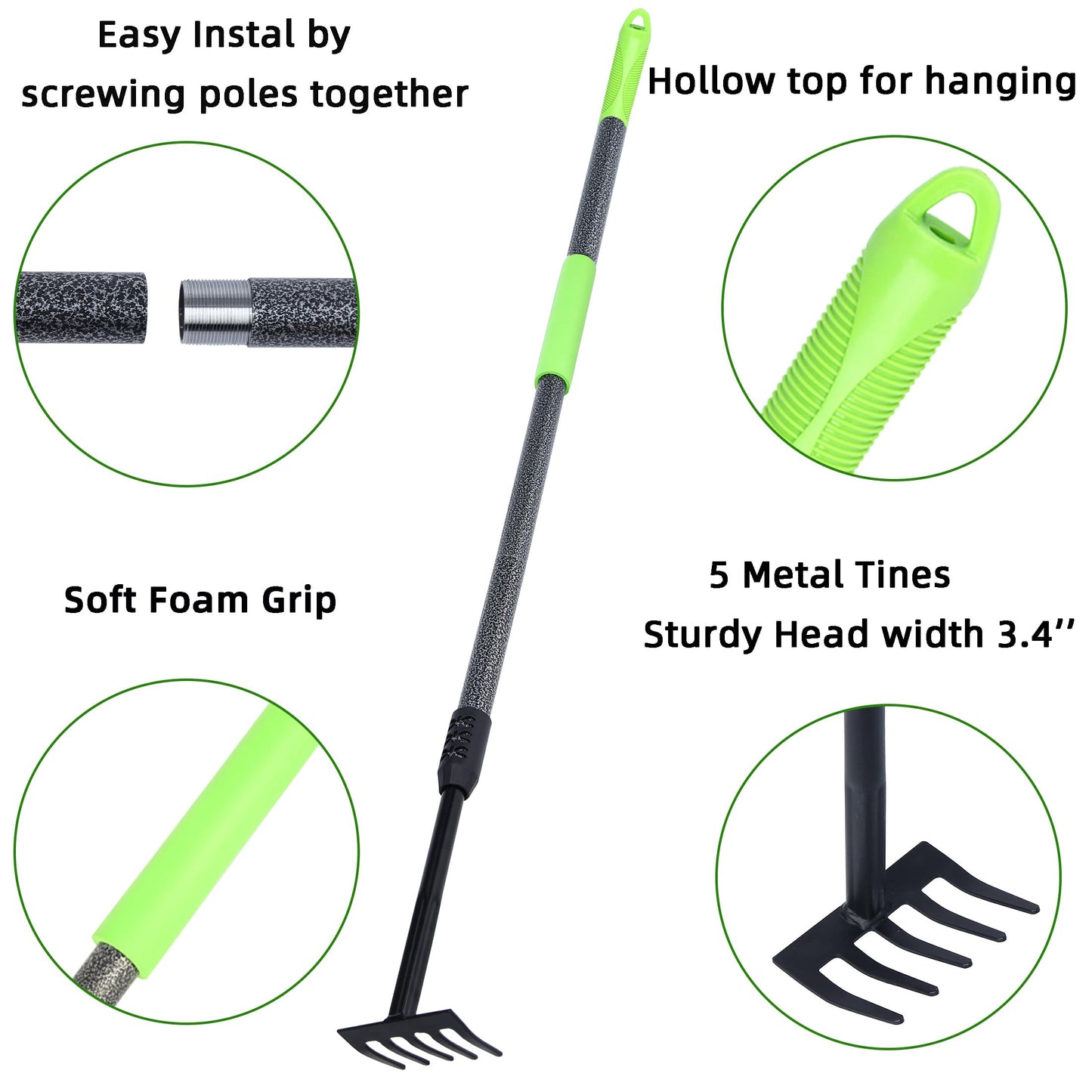 KLDOLLAR Hand Rake, Adjustable Handle Garden Small Rake Garden Tool, Heavy Duty Hand Tiller Cultivator with Soft Foam Grip, Mini Rakes for Weeding Tilling Soil Loosing Planting