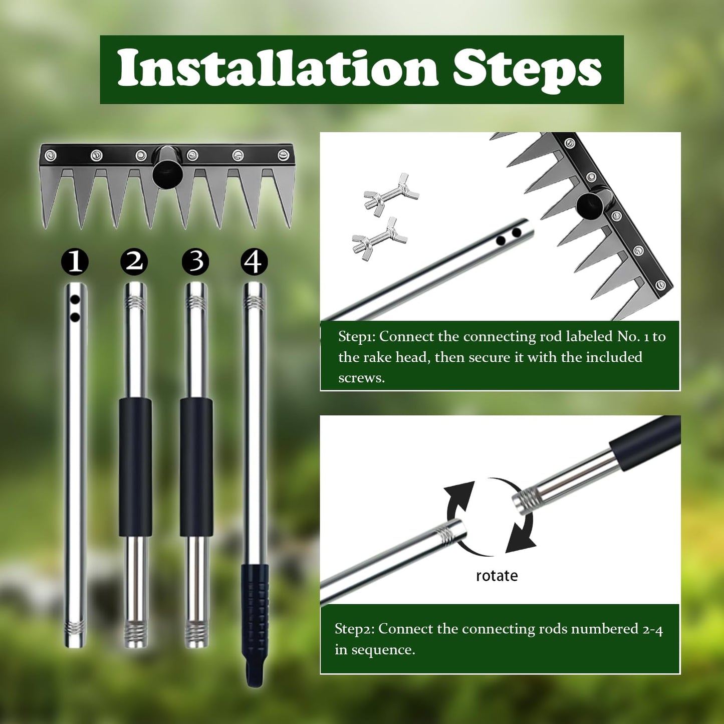 SXIDPDA Stainless Steel Weeding Tool, Thickened Version 8 Tines Weeder Rake, Weed Puller Tool with Long Handle, for Removing Weeds, Loosening Soil, Cleaning Flower Beds, Pine Needles & Lawn Prep