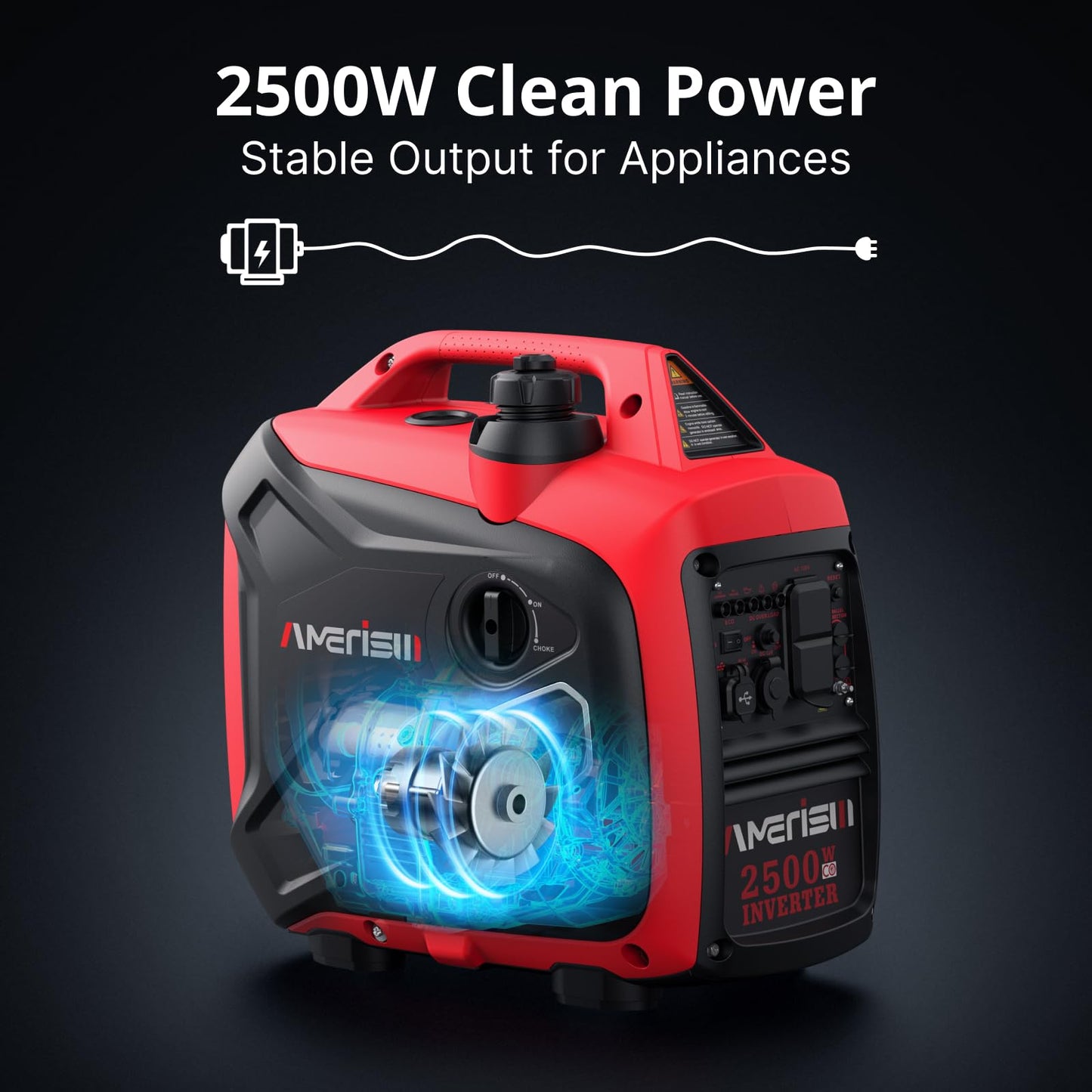 AMERISUN 2500-Watt Gas Powered Portable Inverter Generator for Home Use - Ultral Light for RV and Camping, CO Sensor, Outdoor and Home Backup, Long Run Time