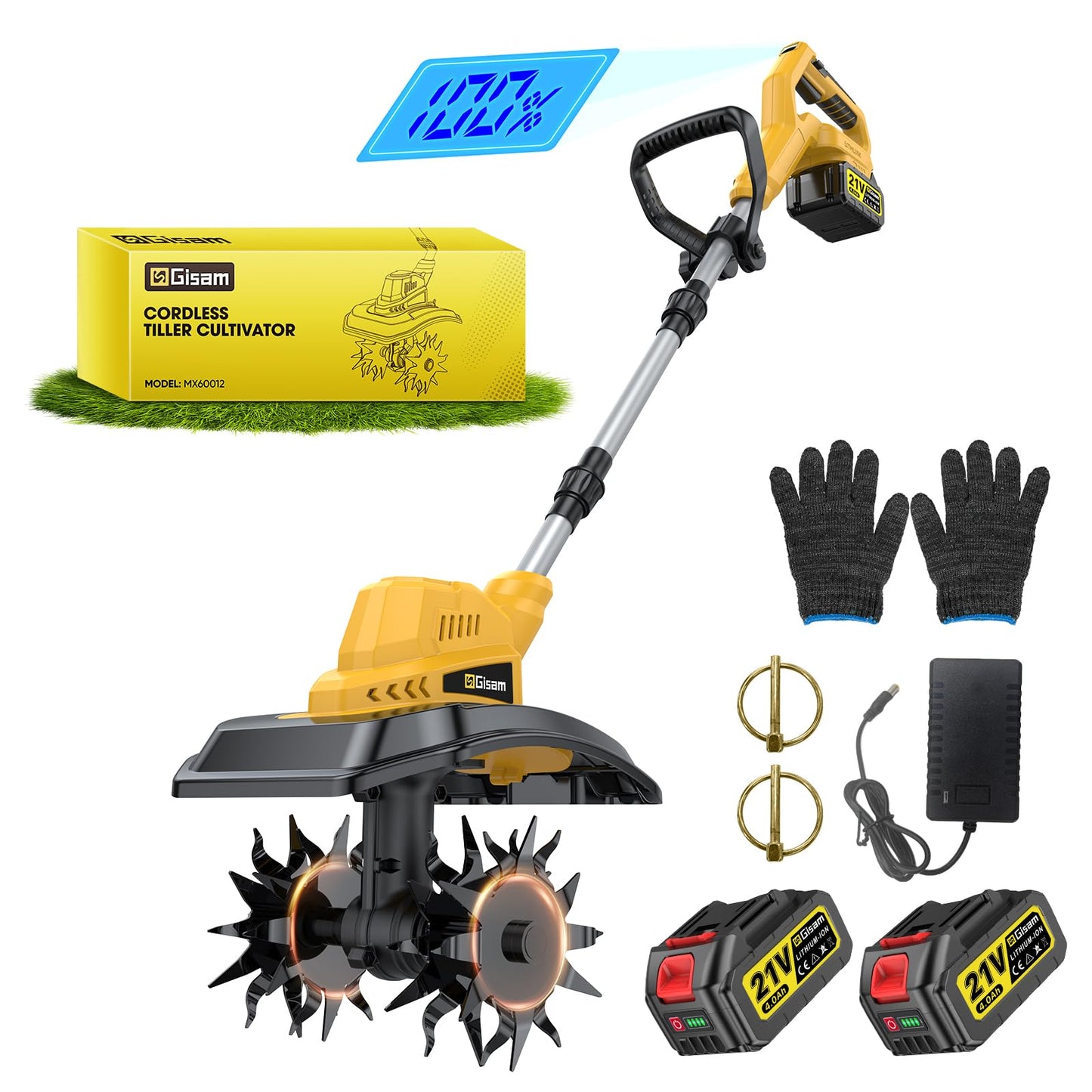 Cordless Tiller Cultivator, 400RPM Electric Rototiller with 2×4.0Ah Battery & Charger, 9" Width 8.3" Depth, Adjustable Foldable Garden Tiller with LED Power Display for Gardening/Soil Cultivation