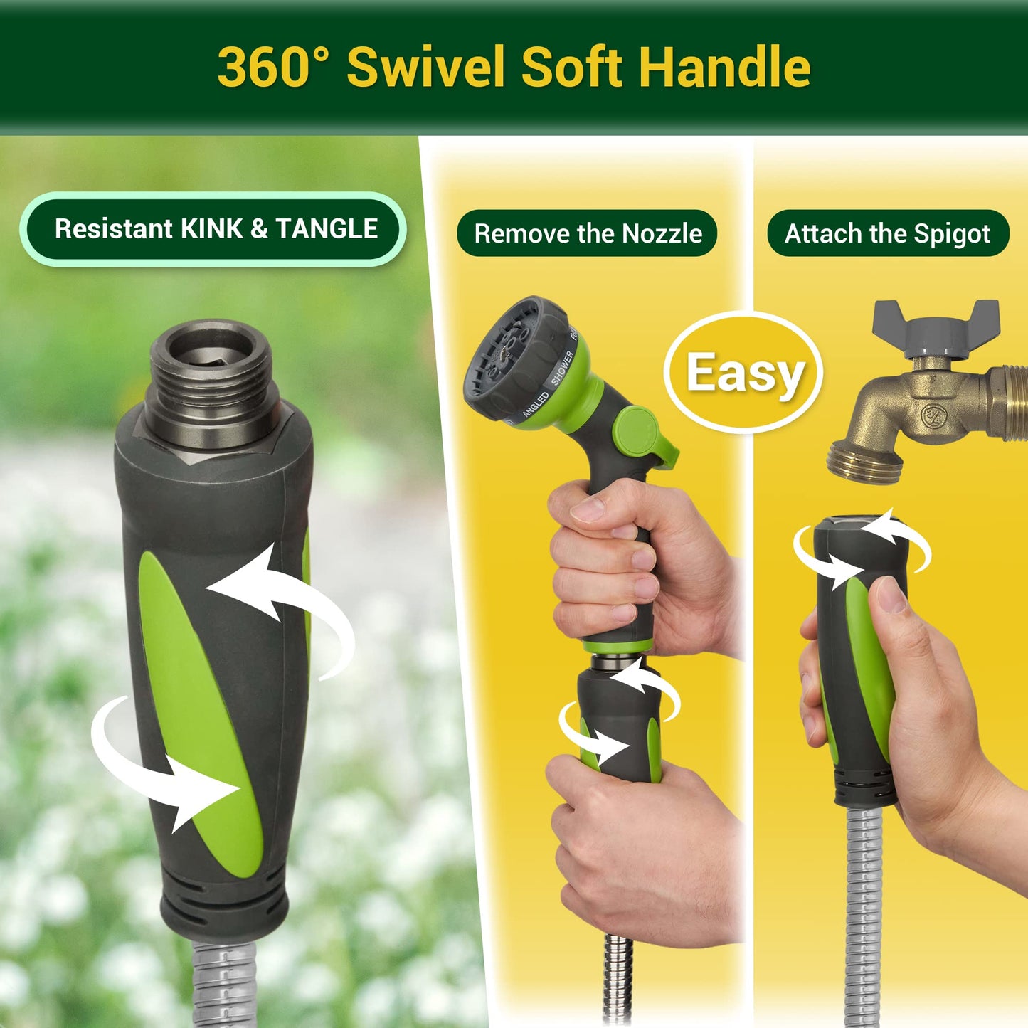 360 GADGET Garden Hose - Water Hose 50 FT with Swivel Handle & 8 Function Nozzle, Flexible, Heavy Duty, No Kink, Lightweight Metal Hose for Outdoor, Yard, 304 Stainless Steel