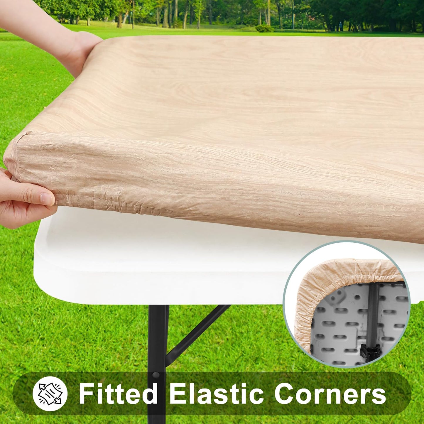 Smiry Rectangle Table Cloth Cover, Waterproof Elastic Fitted Picnic Tablecloth for 6 Foot Tables, Wipeable Flannel Backed Vinyl Tablecloths for Camping, Dining, Outdoor (Beige Wood, 30" x 72")