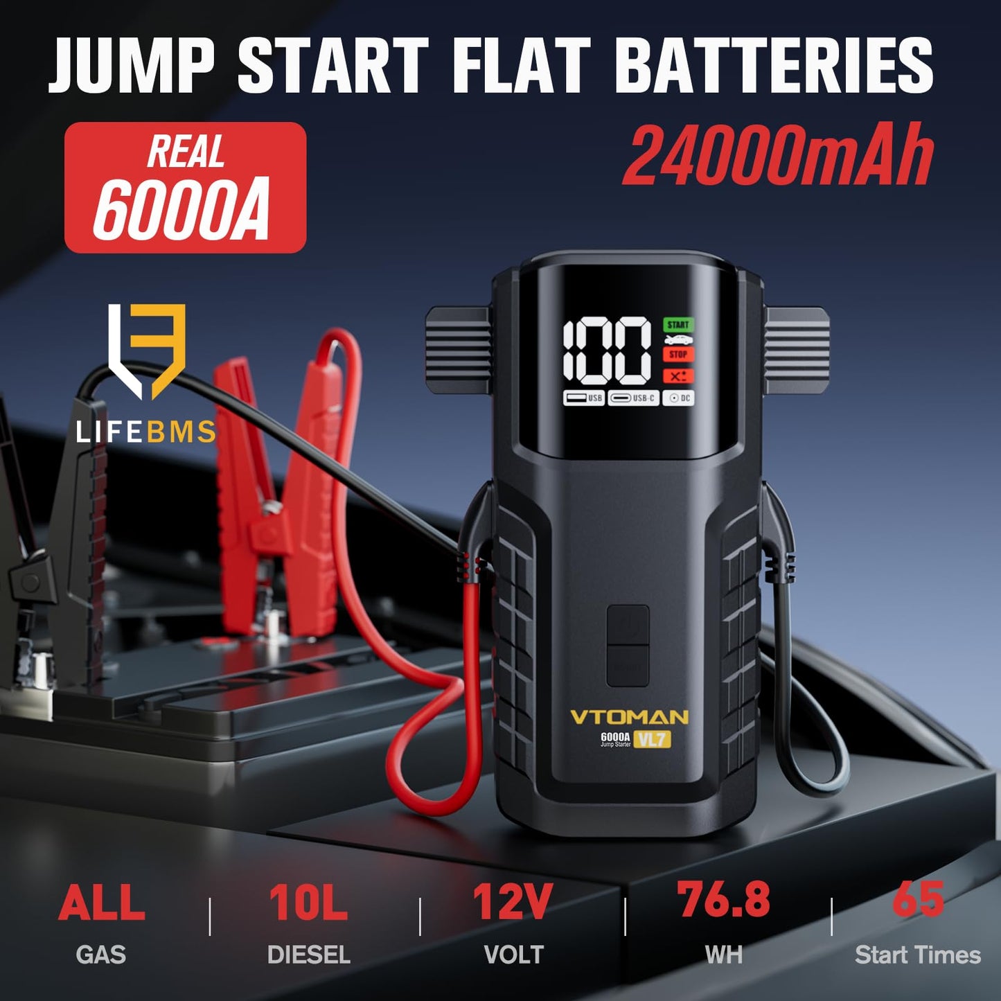 VTOMAN VL7 6000A Jump Starter Upgraded with LiFePO4 Battery,24000mAh Portable Car Battery Booster (All Gas/10L Diesel),12V Jump Box Power Pack with USB-A,Type-C & DC Output,LED Light,EVA Bag