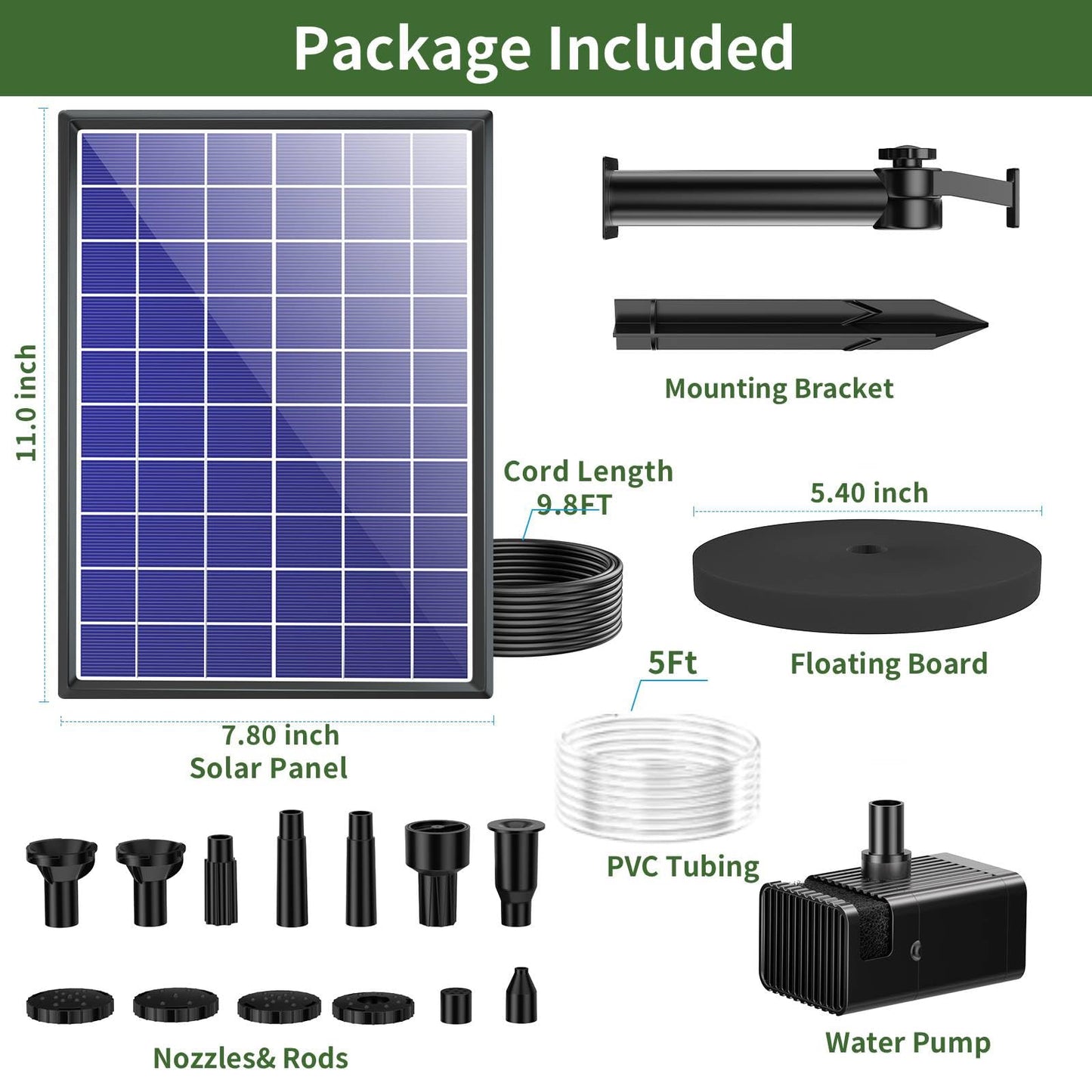 Antfraer 8W Solar Fountain Pump With 3600mAh Battery Backup, Solar Water fountain for Bird Bath with Double-Layer Nozzles & 5Ft PVC Tubing for Bird Bath Small Pond Waterfall DIY Features
