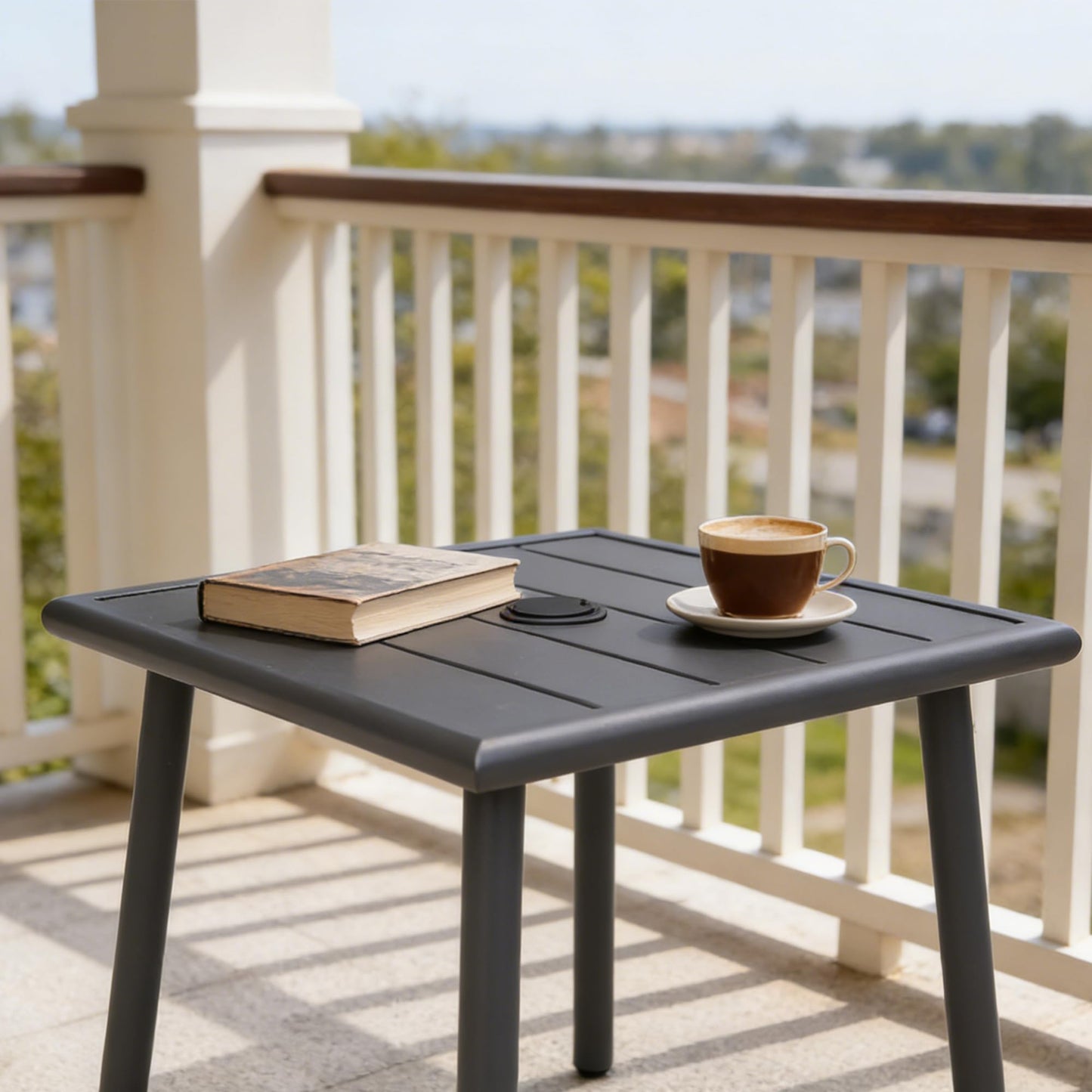 UFavo Home Small Metal Outdoor Side Table with Umbrella Hole Set of 2, Sqaure Patio Coffee Bistro Table End Table, Umbrella Table with Hole for Poolside Yard Porch Deck Balcony,19.7x19.7 inches, Gray