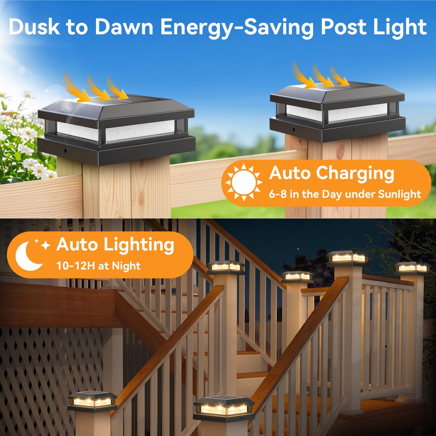 Solar Post Cap Lights Outdoor 12 Packs for 4x4 5x5 Vinyl/Wooden Posts, Waterproof Solar Powered Fence Post Light with Warm/Cool Lighting, Black 16LEDs Deck Cap Light for Garden, Patio, Porch