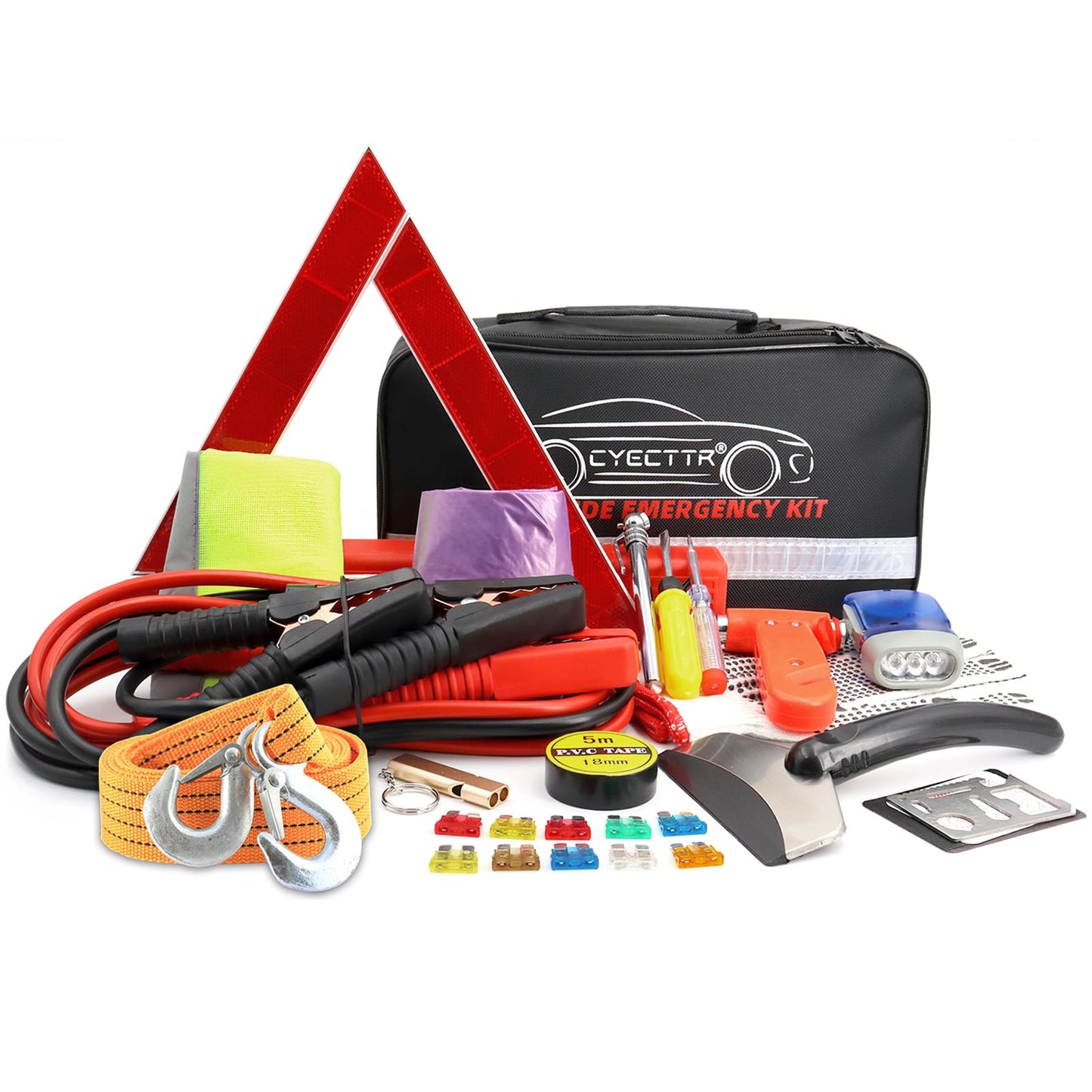 CYECTTR Car Roadside Emergency Kit,Auto Vehicle Truck Safety Emergency Road Side Assistance Kits with Jumper Cables,Safety Hammer,Reflective Warning Triangle,Tire Pressure Gauge,Tow Rope,etc