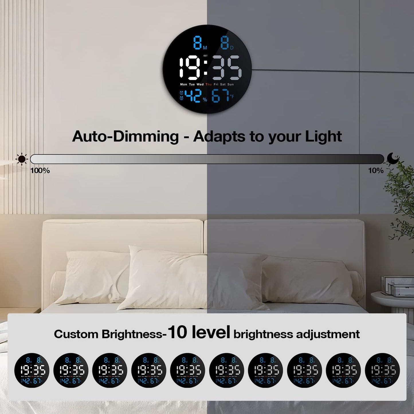 Brauthon Large Digital Wall Clock for Classroom, 10 Inch Large Display LED Electric Round Clocks for Teachers, Kids Office with Date, Temperature, Timer, Remote Control (Blue)