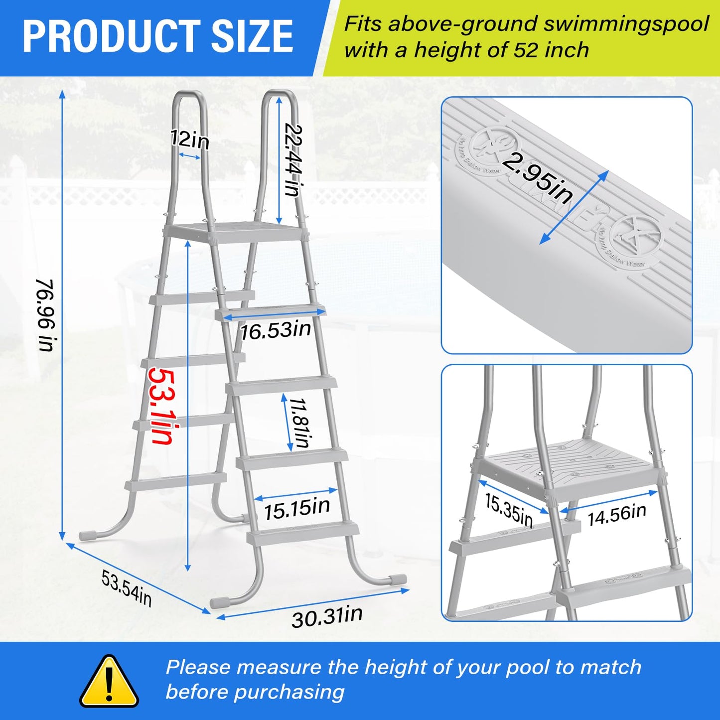 52" 4-Step Steel Frame Above Ground Swimming Pool Ladder, Heavy Duty Double Sided Removable Pool Steps with Non-Slip Plastic Steps and Platform for Entry and Exit the Pool