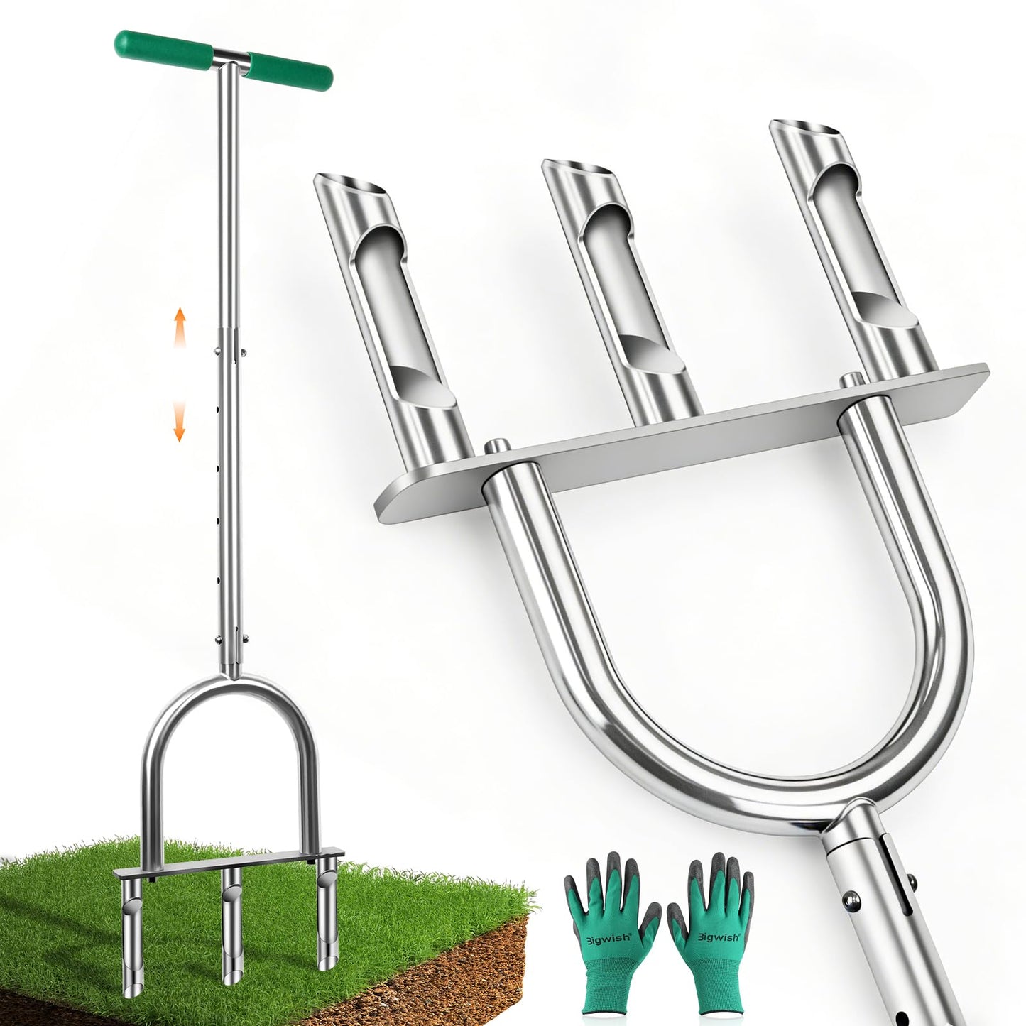 Manual Lawn Aerator Tool with 3 Hollow Tines, Adjustable Height Stainless Steel Core Aerator, Heavy Duty Plug Aerator for Lawn Soil Compaction Relief, Yard Aeration Tool