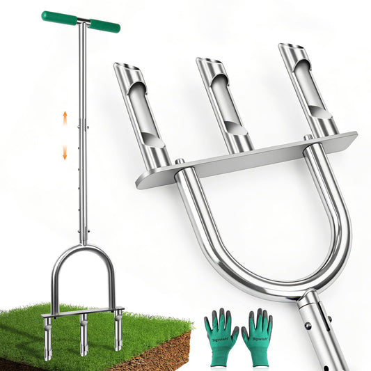 Manual Lawn Aerator Tool with 3 Hollow Tines, Adjustable Height Stainless Steel Core Aerator, Heavy Duty Plug Aerator for Lawn Soil Compaction Relief, Yard Aeration Tool