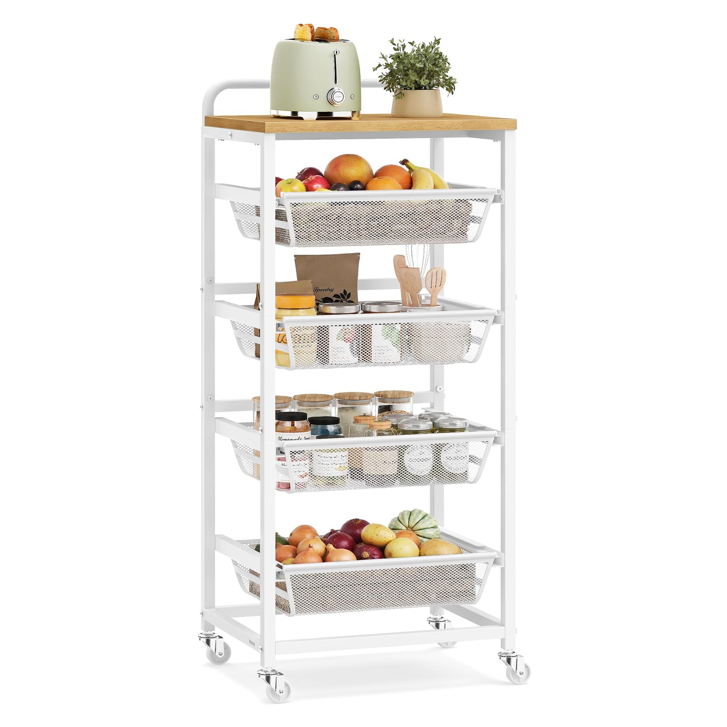 VASAGLE Storage Rolling Cart with Pull-Out Baskets, 5-Tier Utility Cart Orgnizer with Wheels for Laundry Room, Kitchen, Handle, 12.5 x 15.8 x 37.4 Inches, Golden Oak and Matte White ULRC041YA01