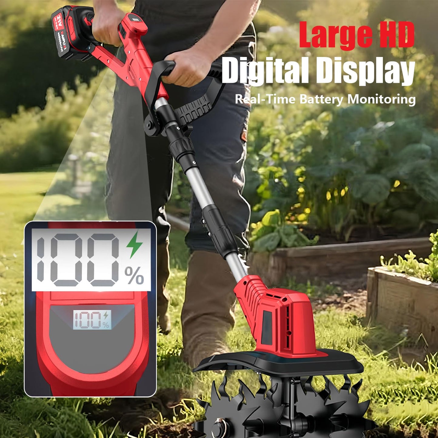 21V Electric Cordless Tiller Cultivator, 360RPM Garden Tiller with 2 x 4.0Ah Batteries Charger, 12In Tilling Width & 8In Depth Garden Rototiller for Lawn, Gardening, Soil Cultivation (RED-1)