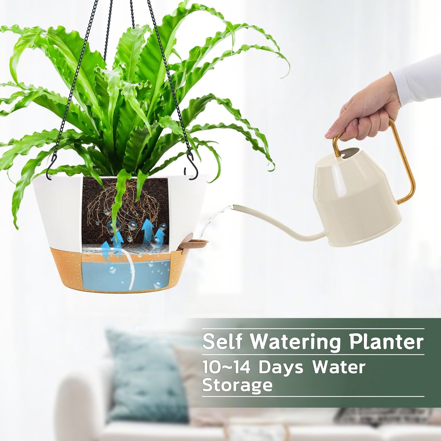 ZMTECH 12 Inch Hanging Planters for Indoor Plants, Modern White Self Watering Hanging Planter with Visible Water Level Window & Chain, Large Flower Pots for Outdoor Patio Decor